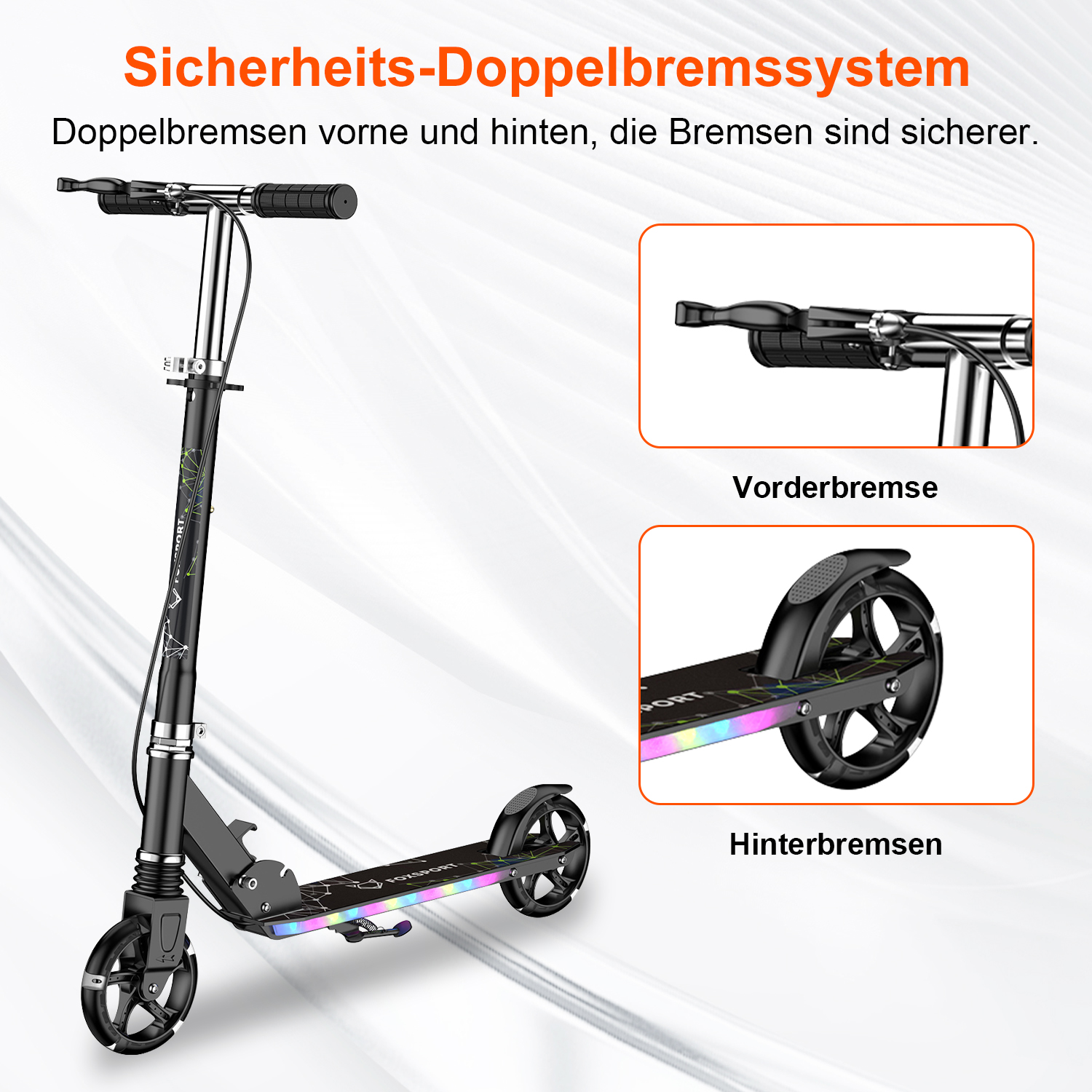 Schwarzer Roller mit Doppelsystem und Beleuchtung. Zeigt Vorder- und Hinterradbremsen.