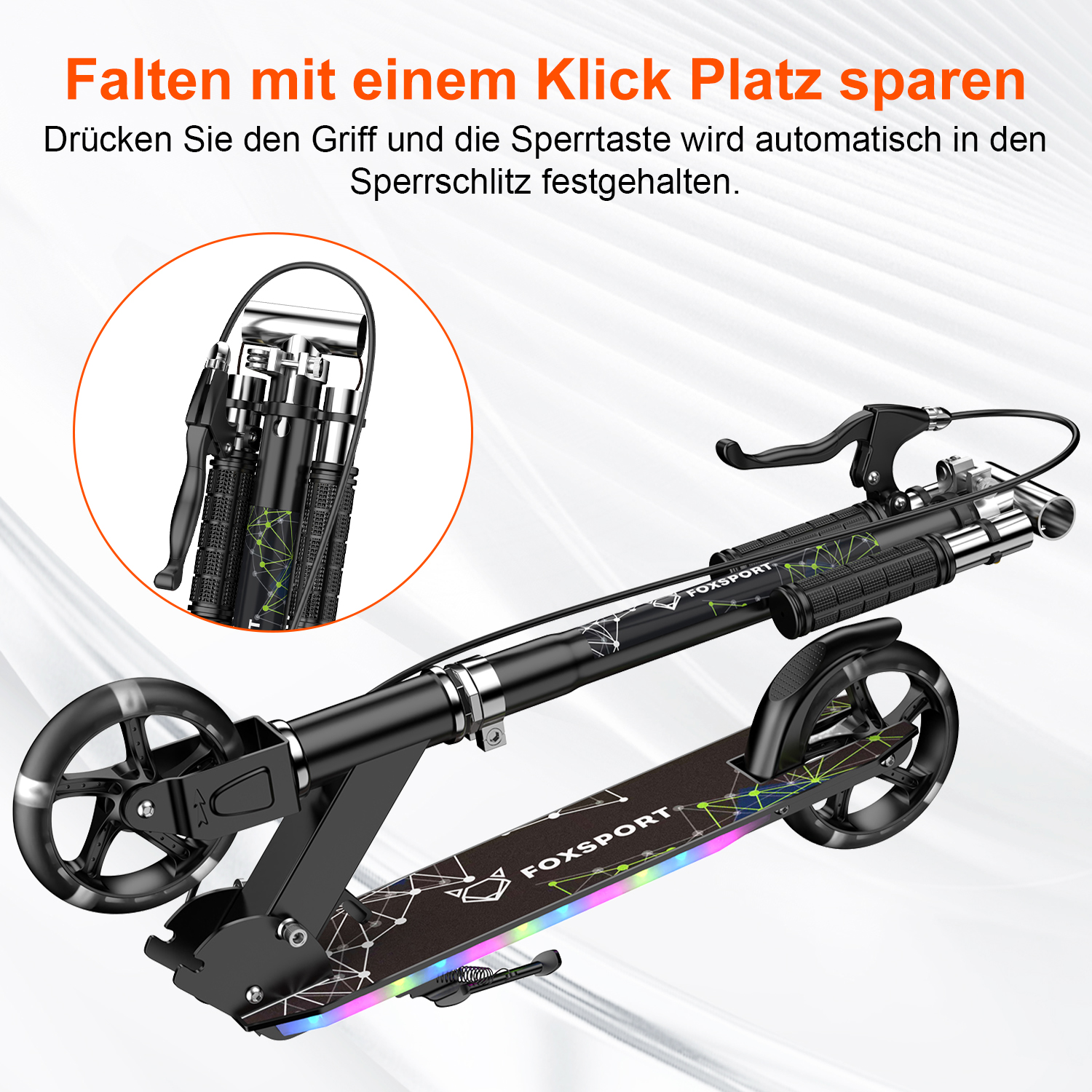 Schwarzer Roller mit Lichtern, der klappbar ist.
