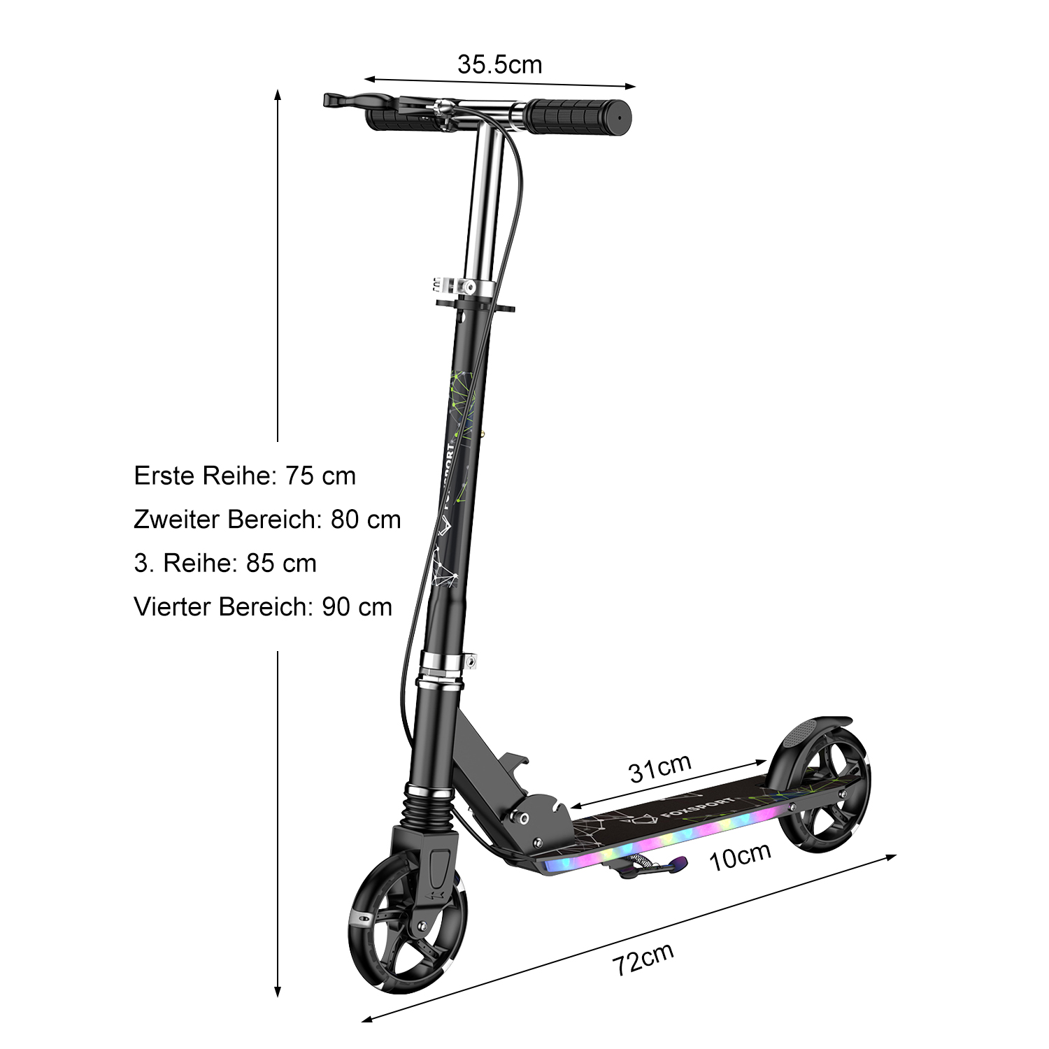 Ein schwarzer Roller mit bunten LED-Rädern und Maßen.