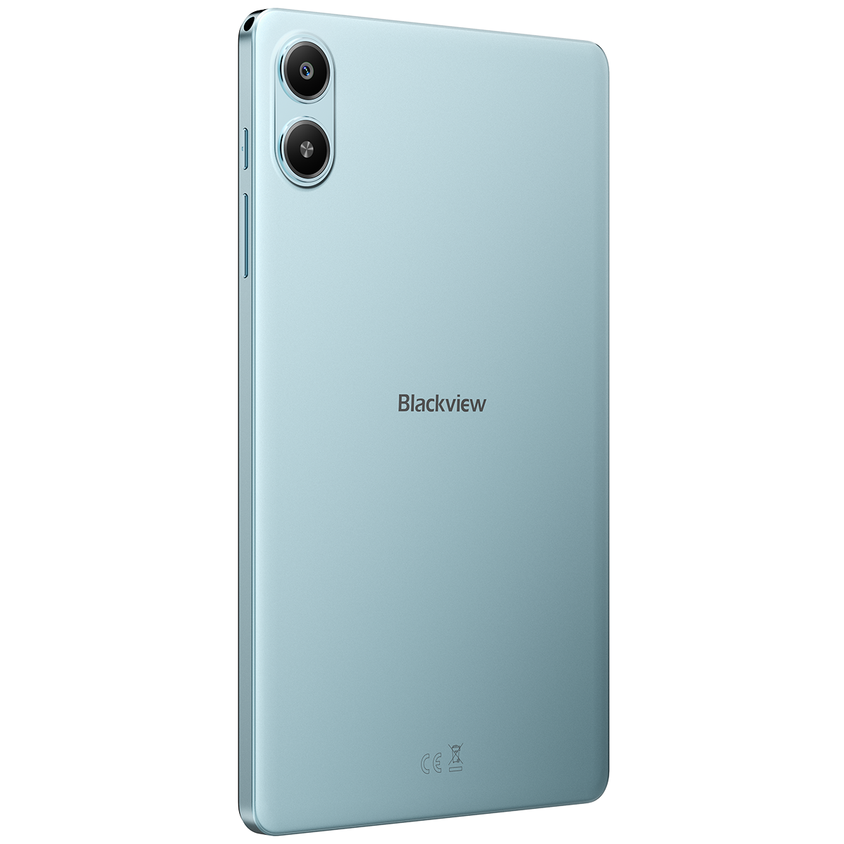 Achterkant van een lichtblauwe smartphone met twee camera's en het Blackview-logo.