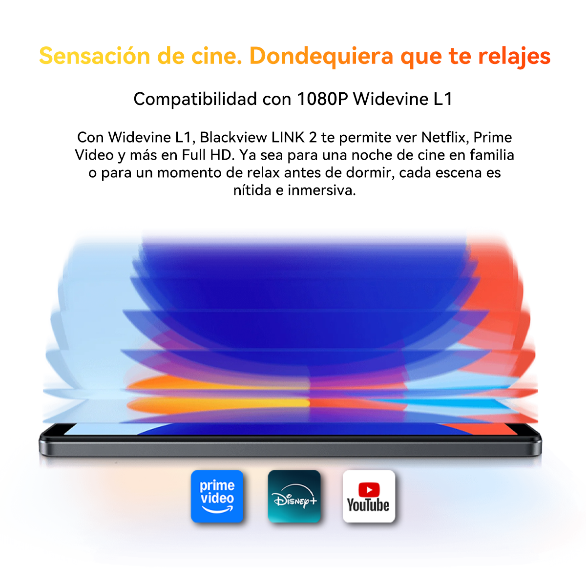 Una tablet muestra rayas abstractas y coloridas. Debajo hay logos de apps.