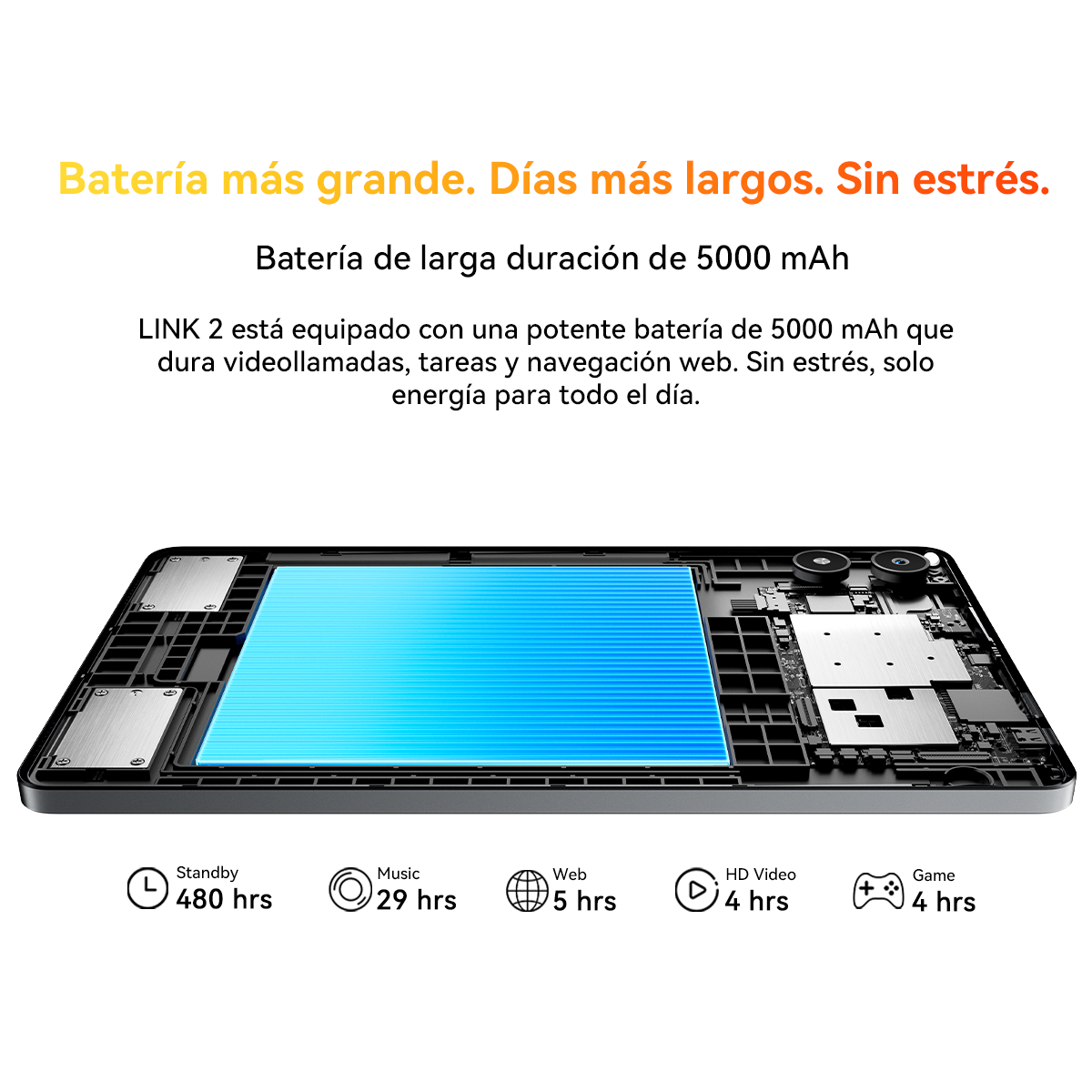 Smartphone con batería de 5000 mAh. Standby 480h, Música 29h, Web 5h, Video 4h, Juego 4h.
