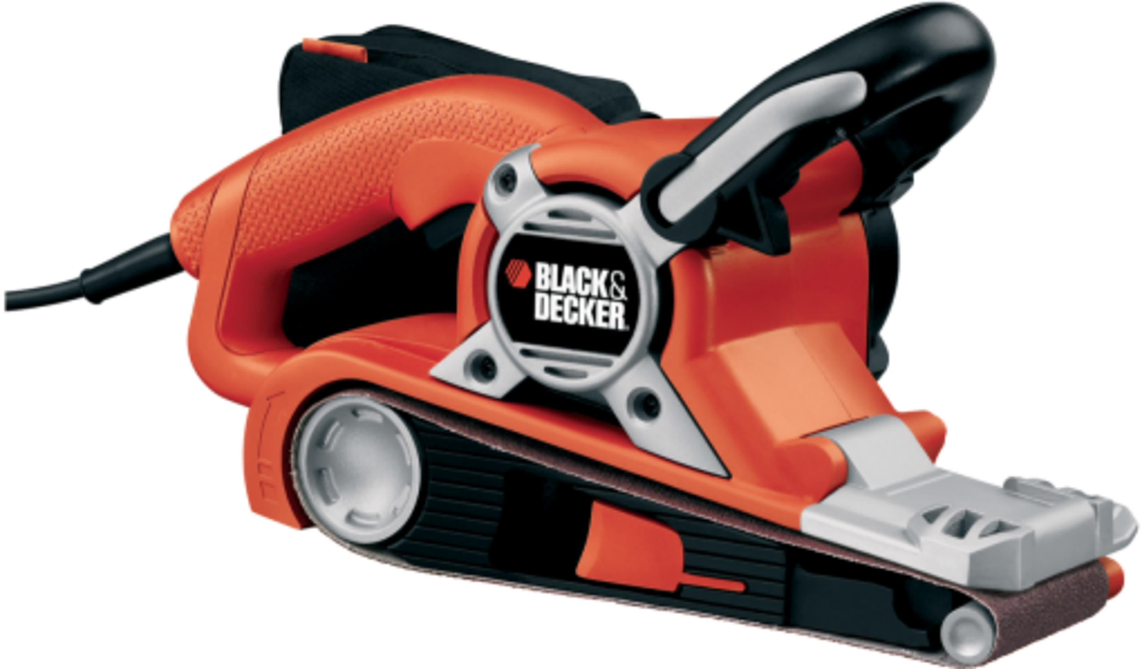 Orange Black & Decker Bandschleifer mit schwarzem Staubbeutel und Kabel.
