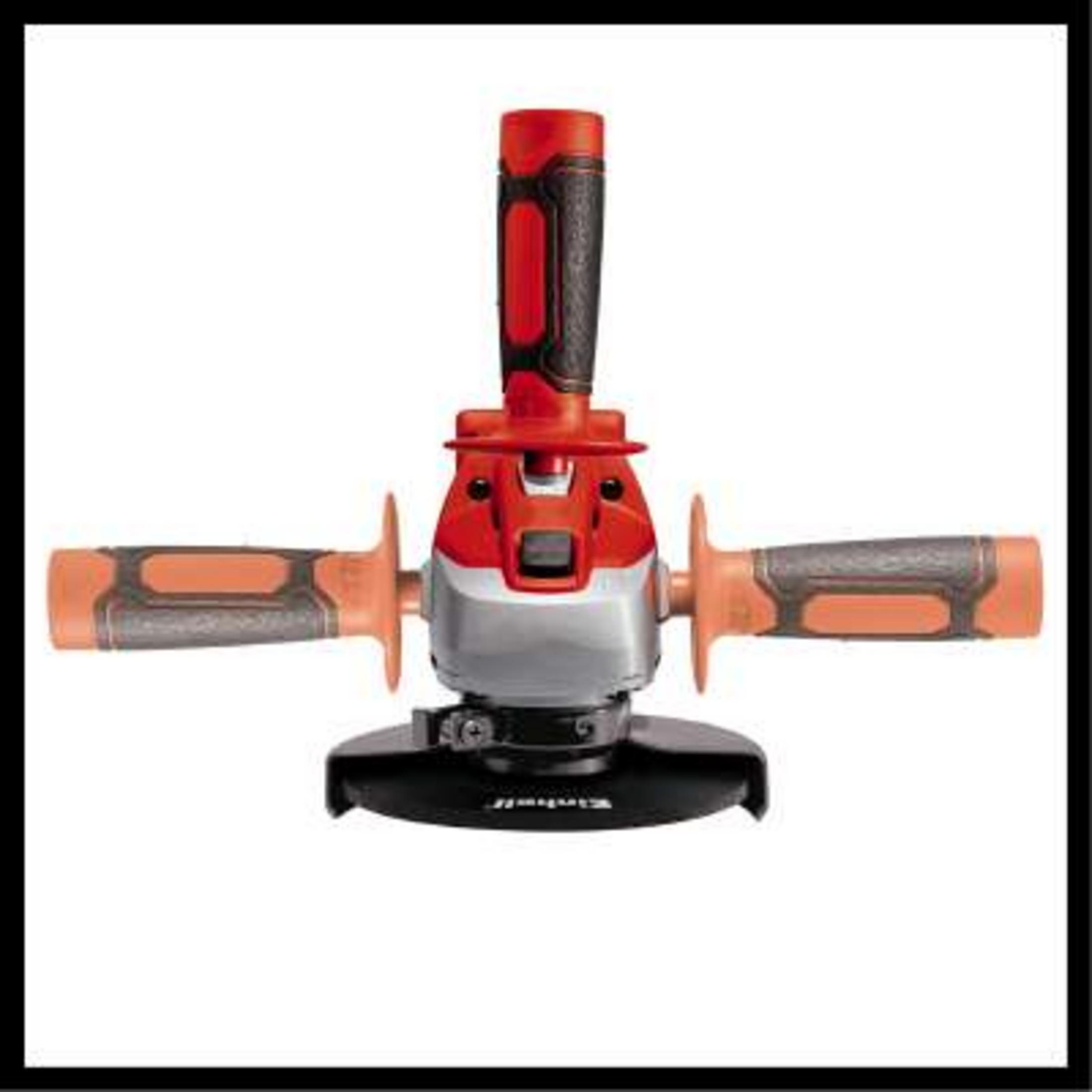 Szlifierka kątowa z czerwonymi i srebrnymi uchwytami i czarną tarczą.