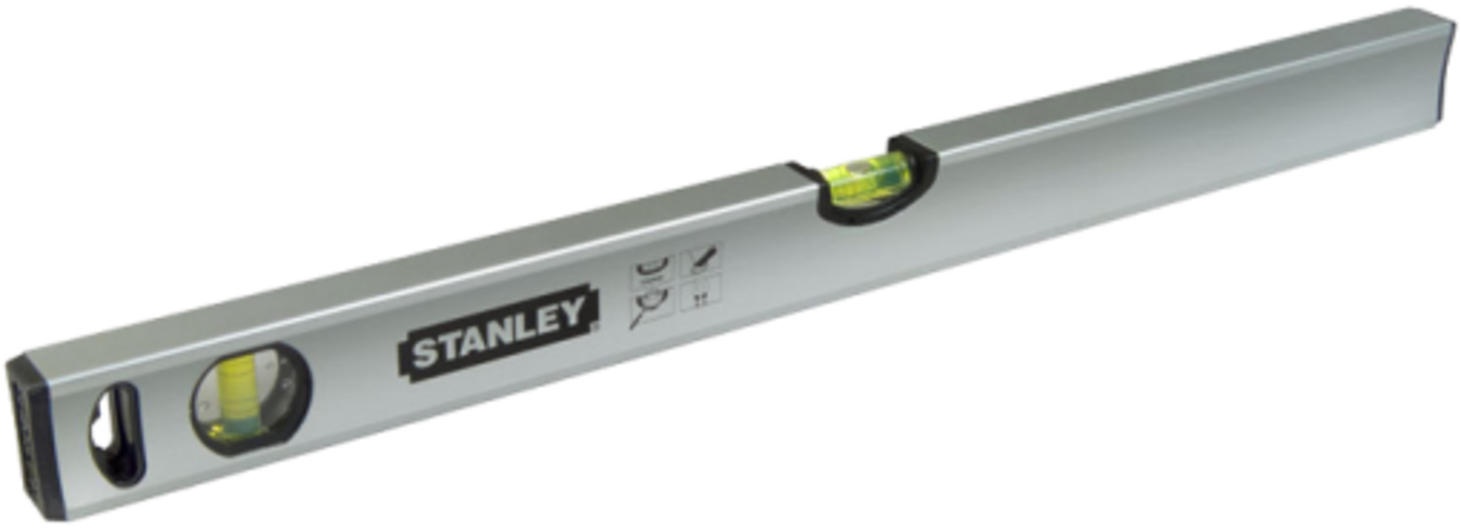 Ein silberner Stanley-Wasserwaagen-Balken mit einer Blase im Zentrum.