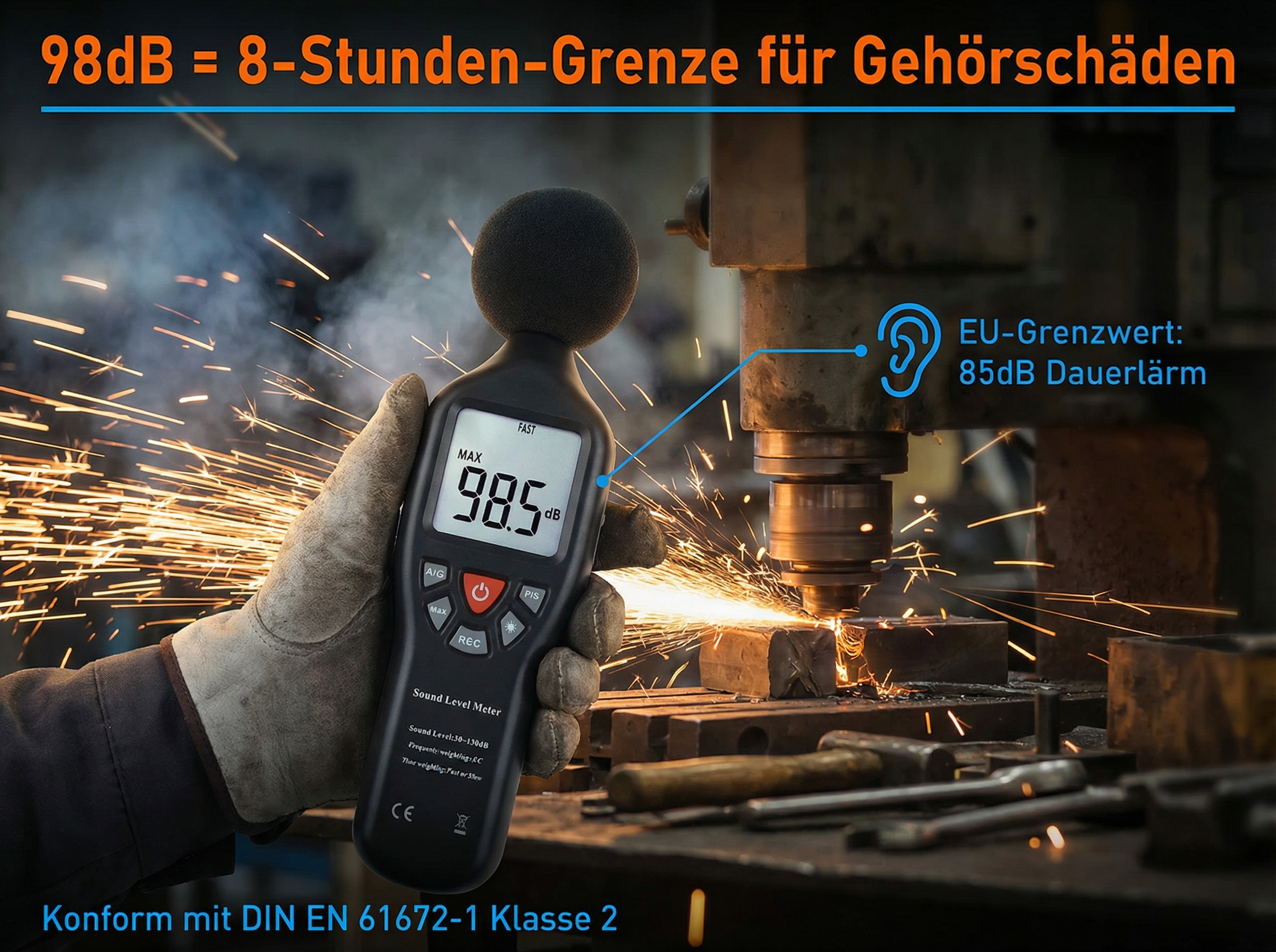 Ein Schallpegelmesser misst Lärm in einer funken sprühenden Werkstatt. EU-Grenzwert: 85dB.