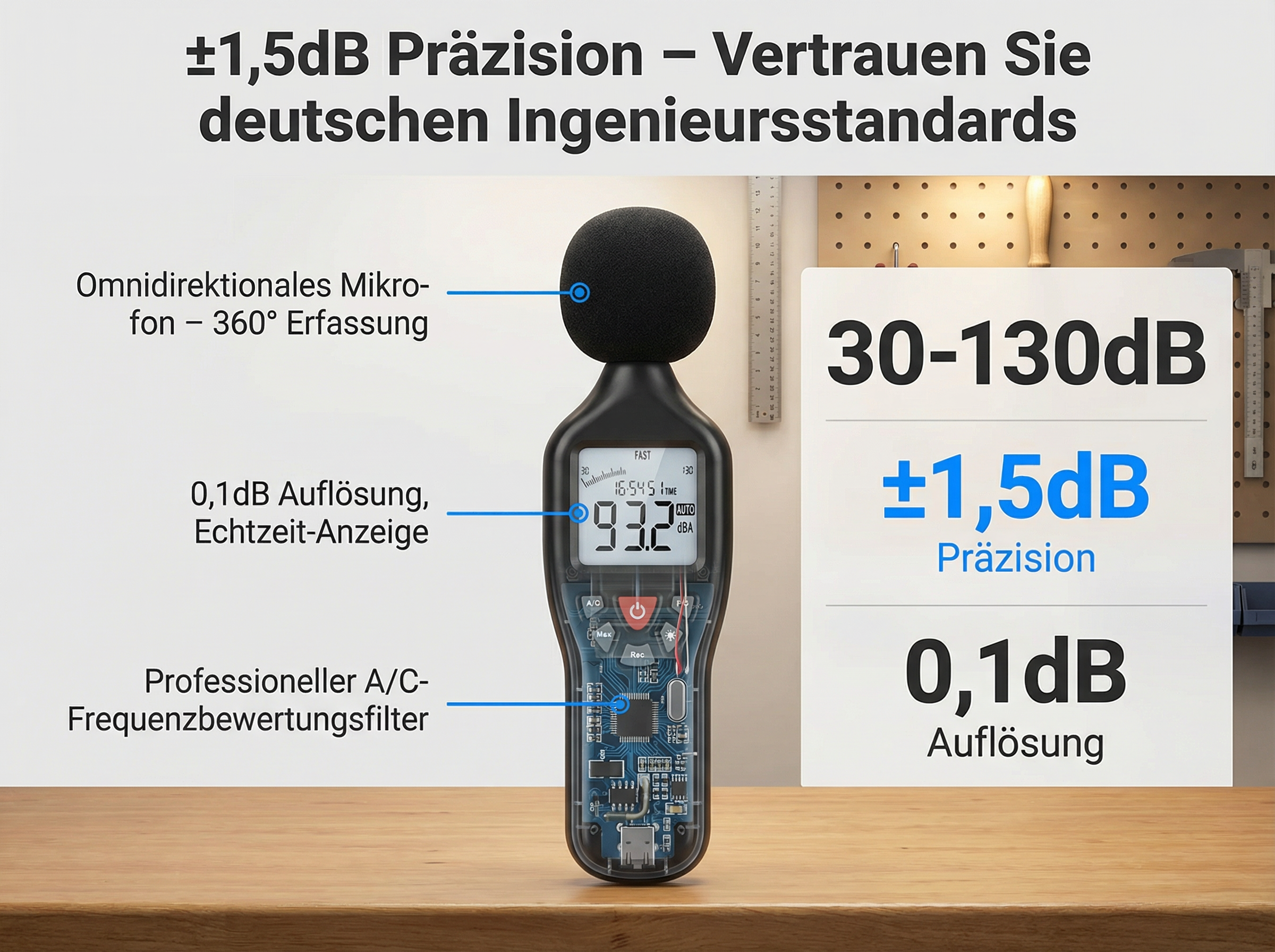 Ein Schallpegelmesser mit Mikrofon, Display und Tasten auf einem Holztisch.