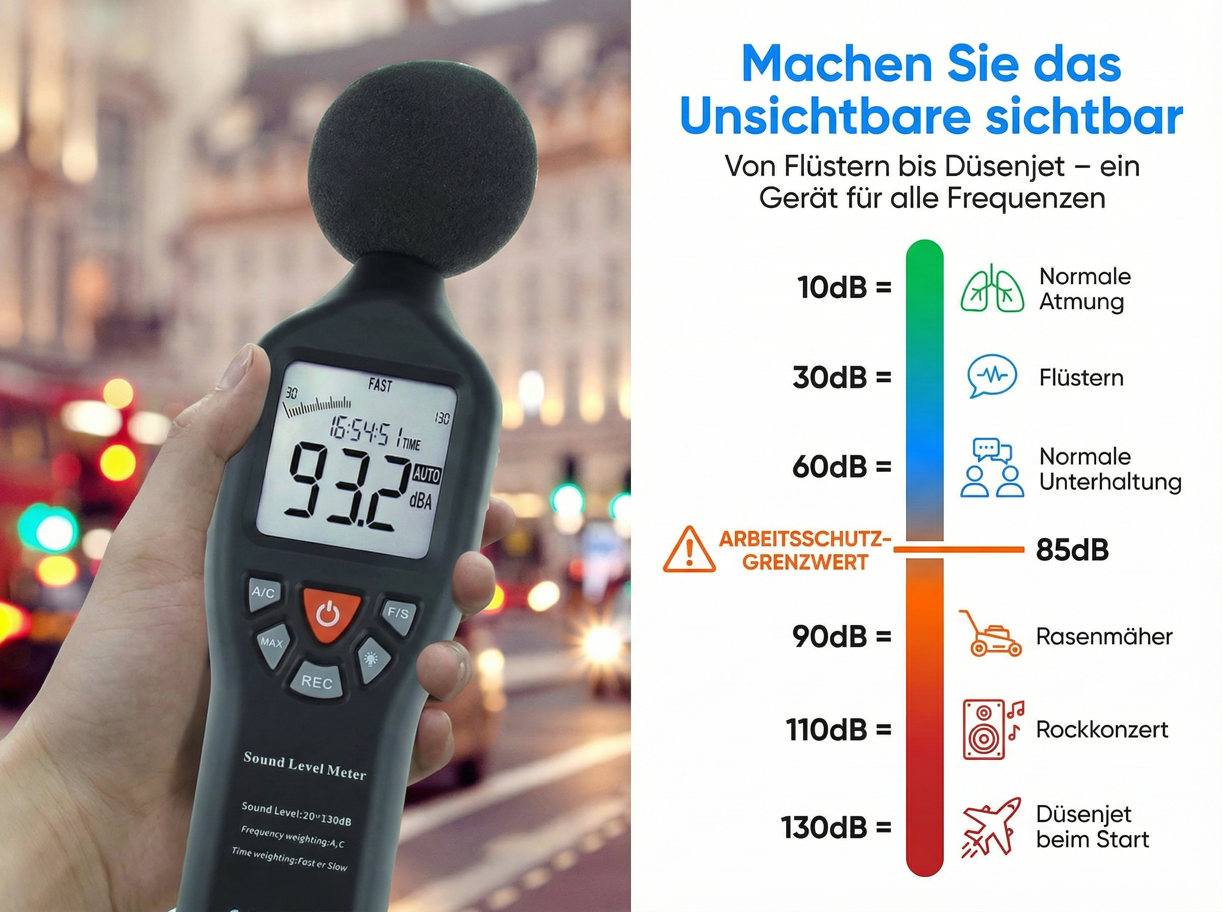 Ein Schallpegelmesser wird in der Hand gehalten, mit Lautstärkeskala auf der rechten Seite.