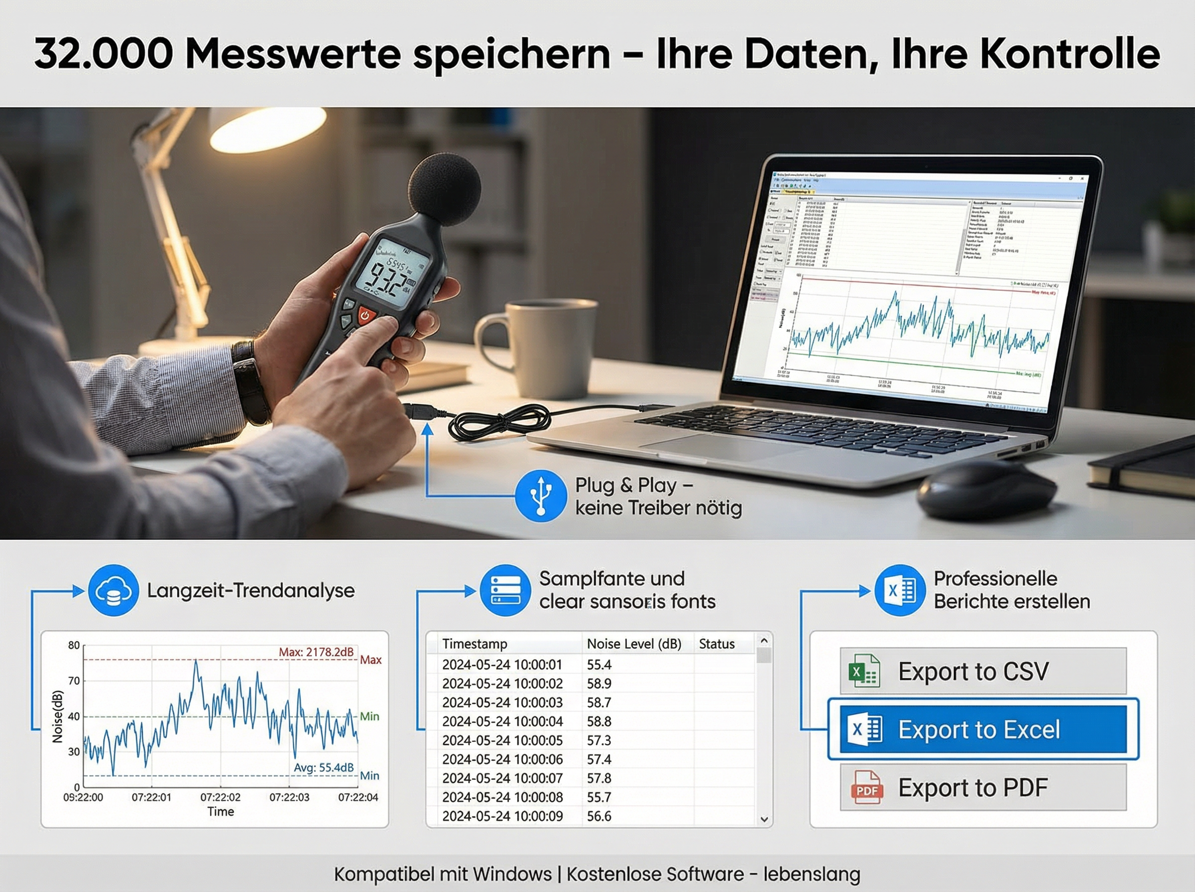 Mann hält Schallpegelmesser, Laptop zeigt Diagramme. Exportoptionen CSV, Excel, PDF.