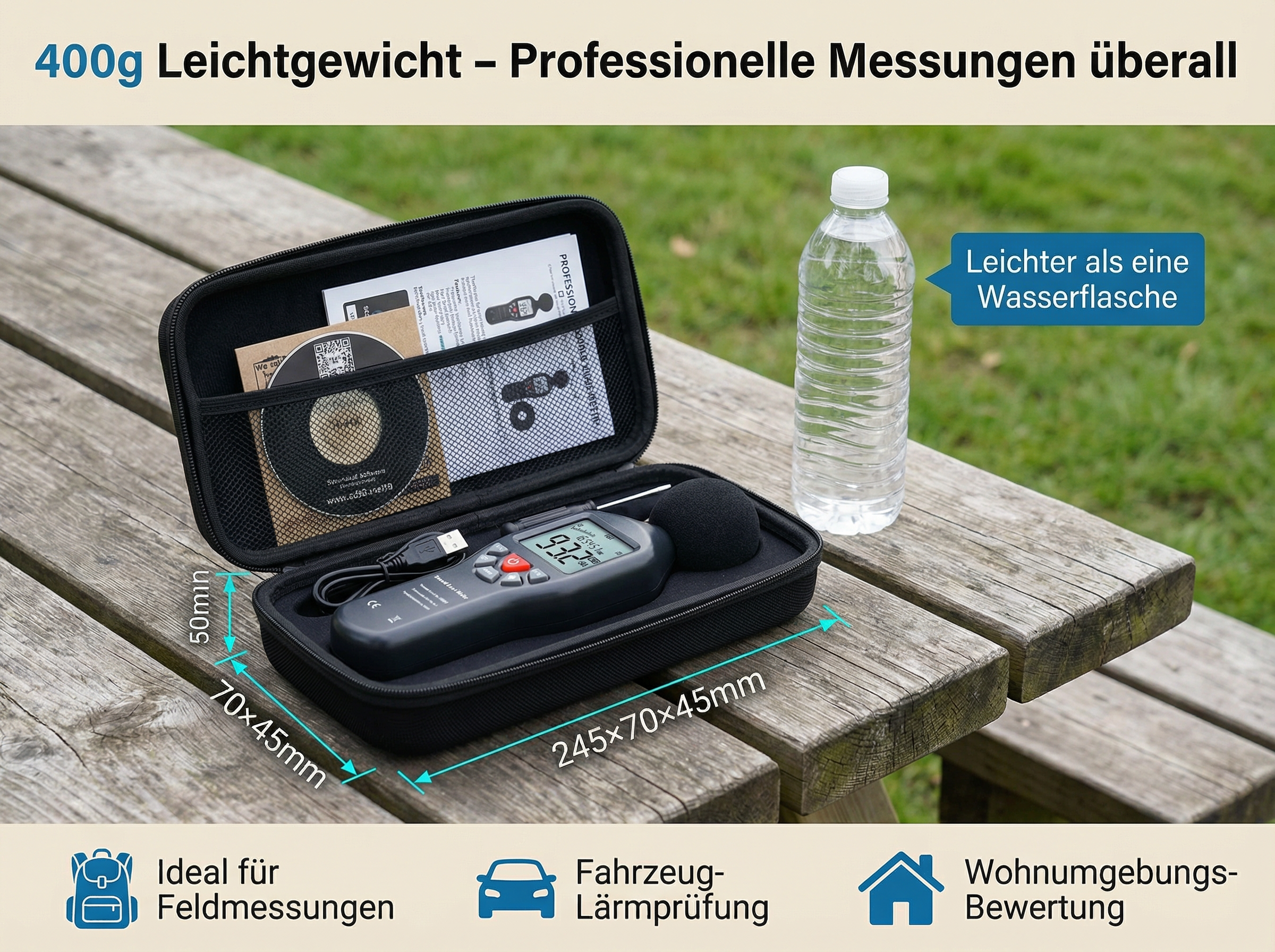 Ein Schallpegelmesser liegt in einem Koffer auf einer Holzbank neben einer Wasserflasche.