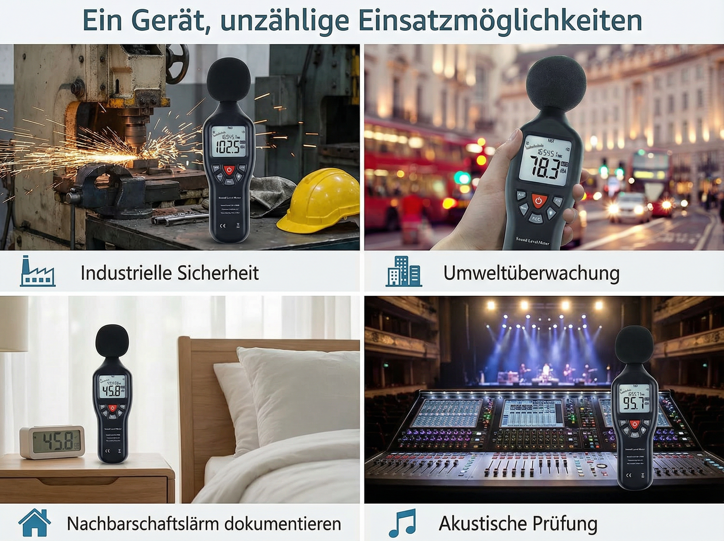 Vier Szenen mit einem Schallpegelmesser: Fabrik, Straße, Schlafzimmer, Bühne.