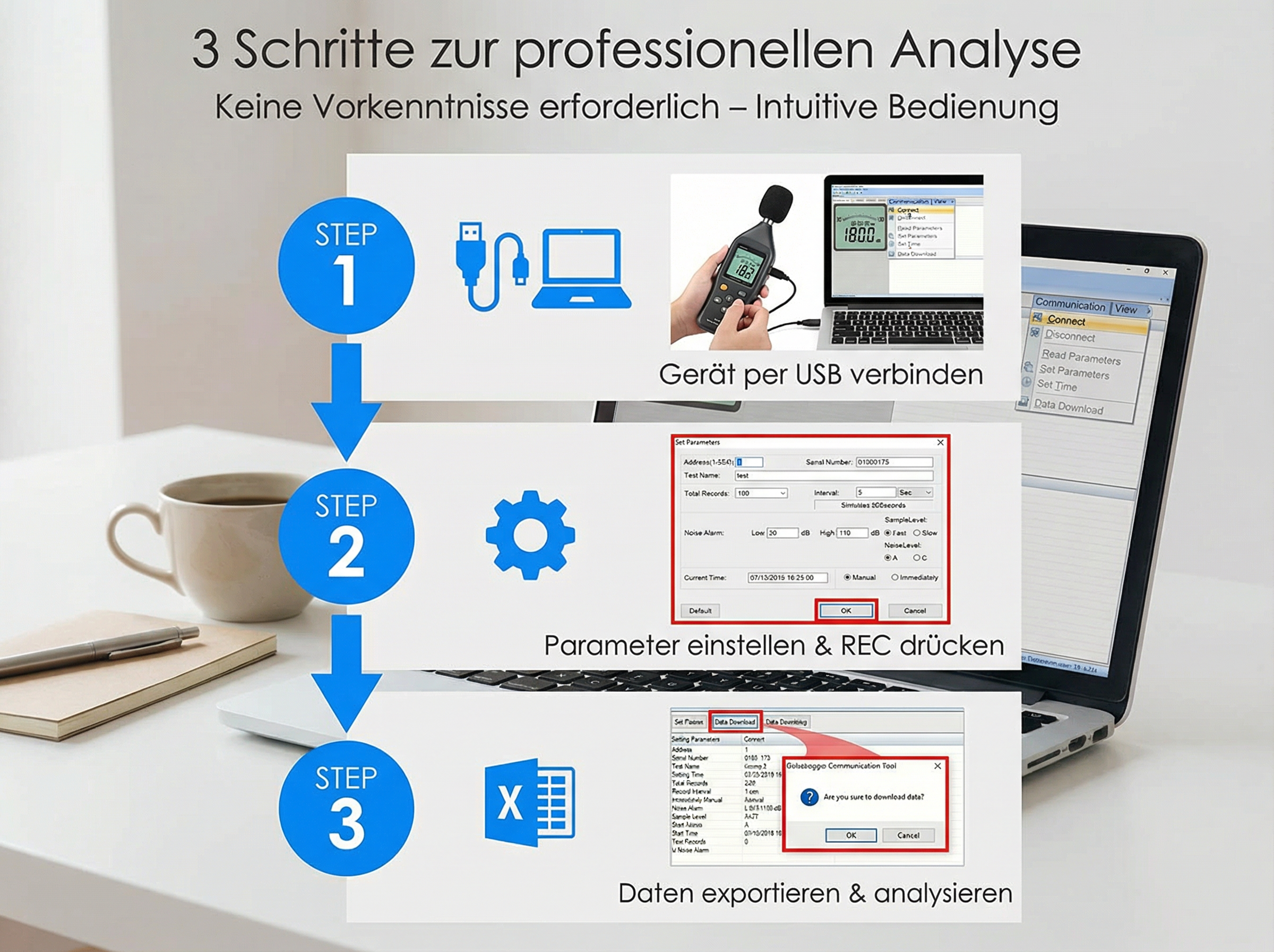 Schritt-für-Schritt-Anleitung zur Datenanalyse mit einem Messgerät und Laptop.
