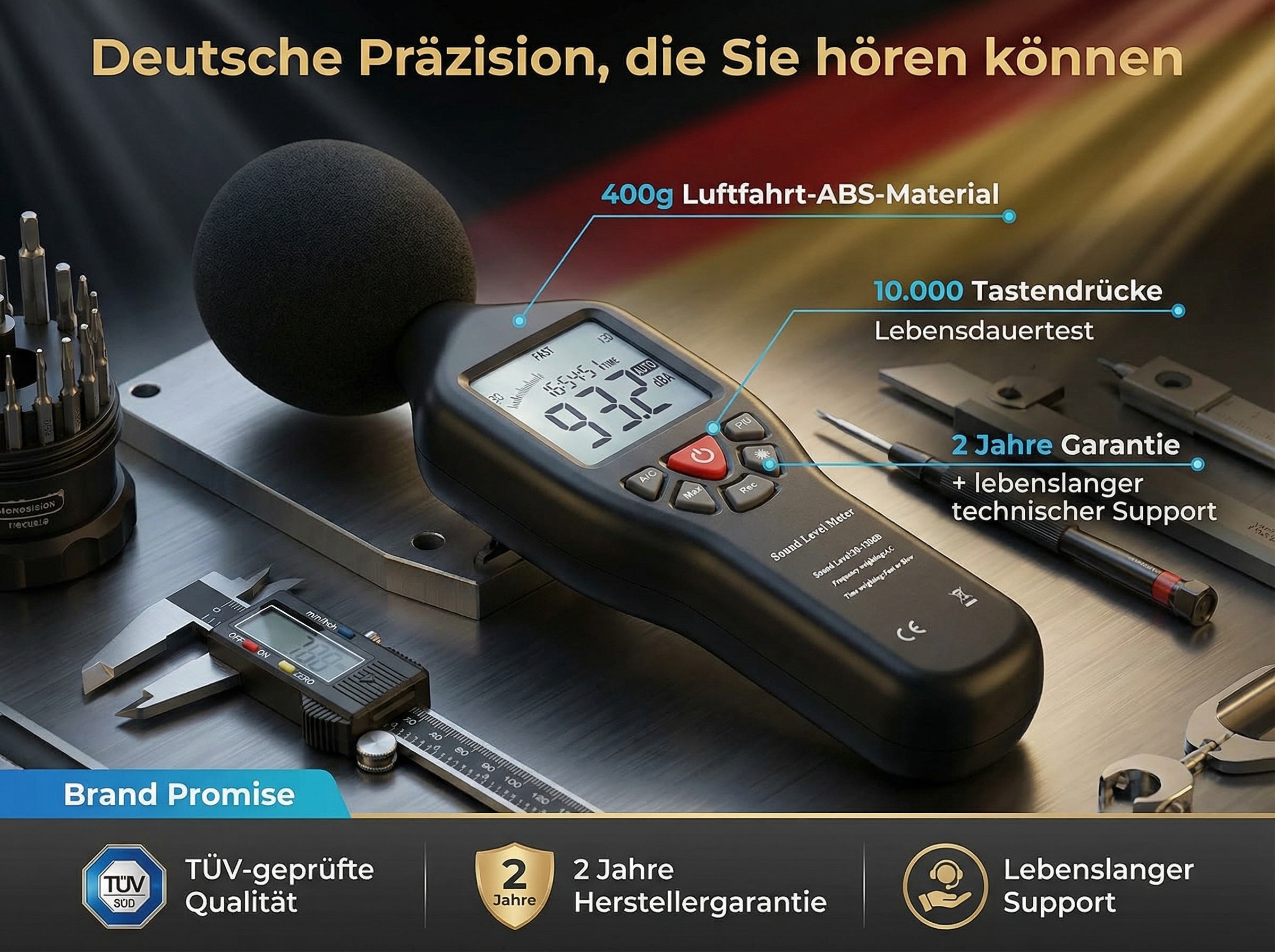 Ein Schallpegelmesser mit Windschutz, Messschieber und Werkzeugkasten.