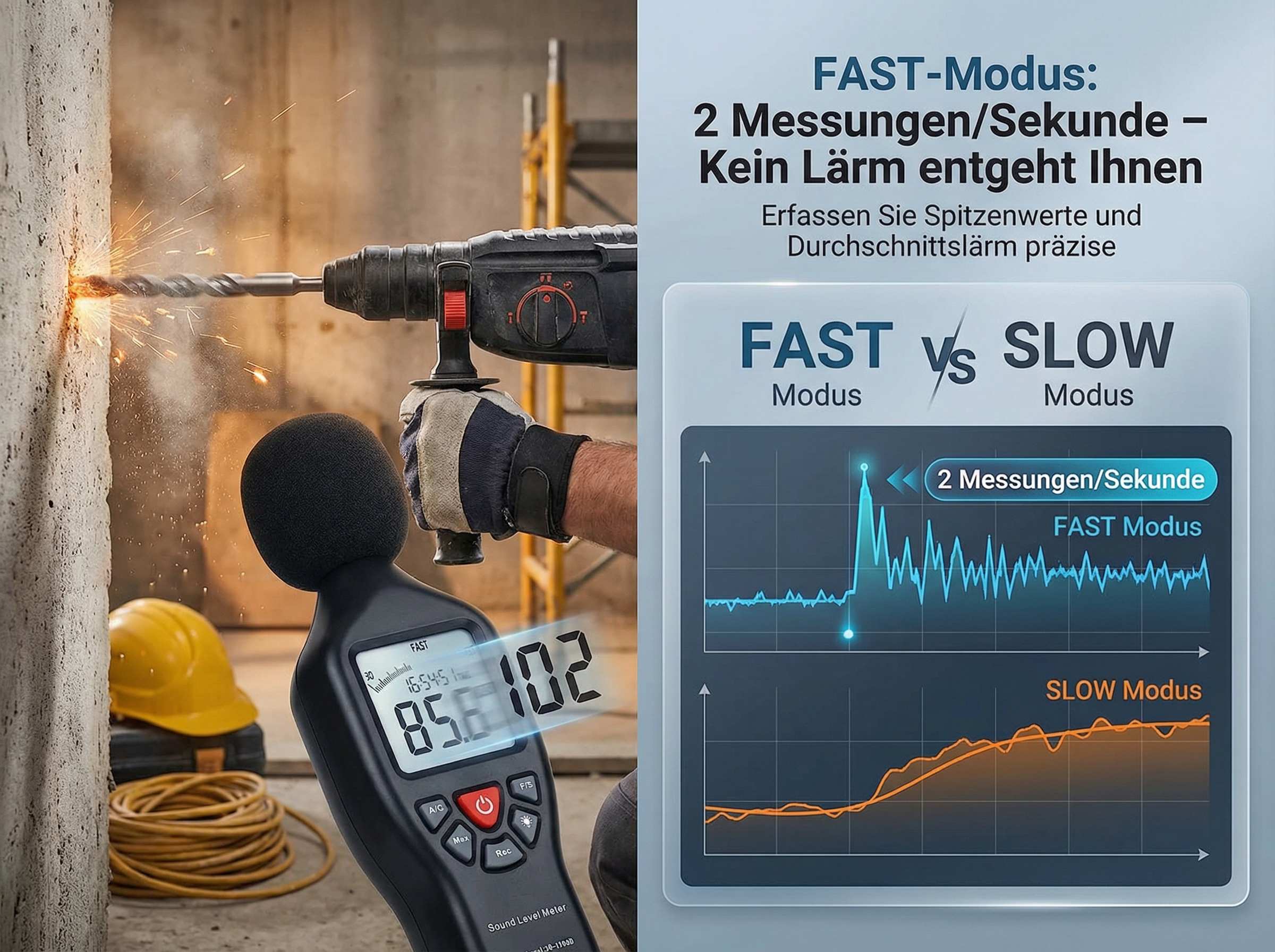 Bohrer bohrt in Beton, Schallpegelmesser misst 102 dB. Anzeige zeigt FAST-Modus.