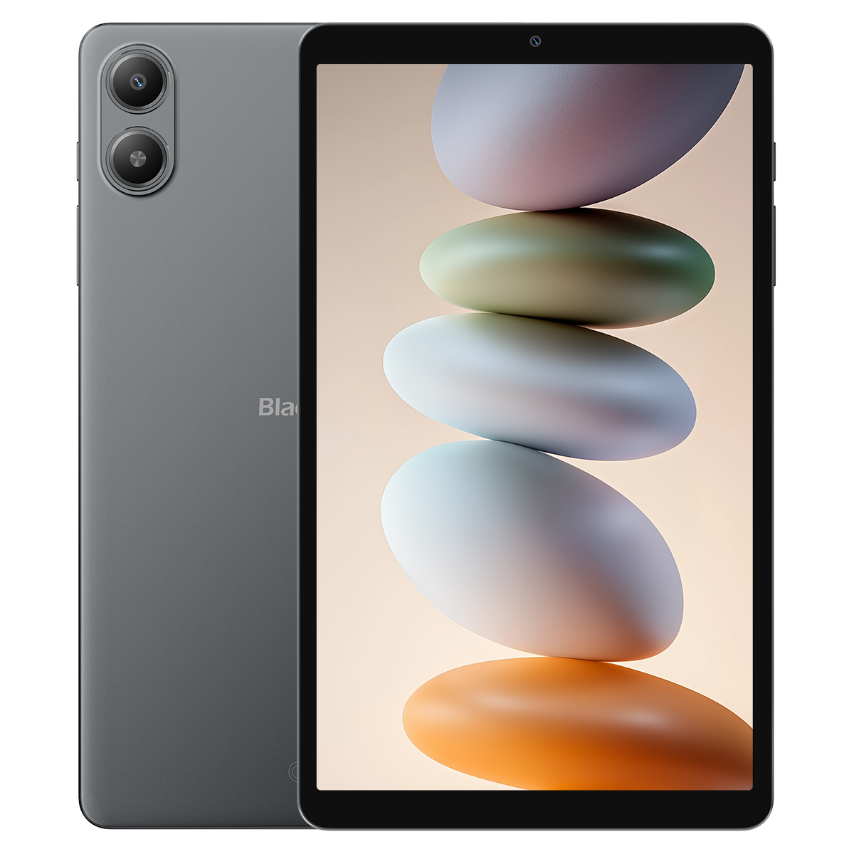 Een grijze tablet met dubbele camera's achteraan en een scherm met gestapelde bollen.