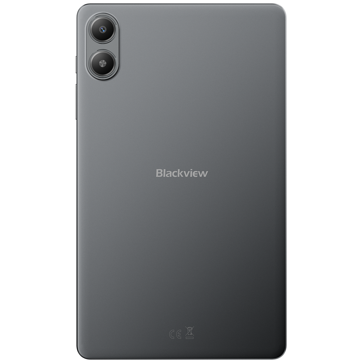 Parte trasera de una tableta Blackview gris con dos cámaras y marca CE.