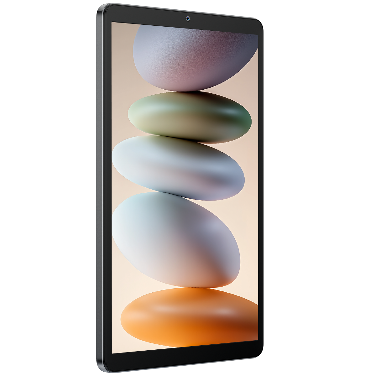 Un tablet nero con sfere color pastello impilate sullo schermo.