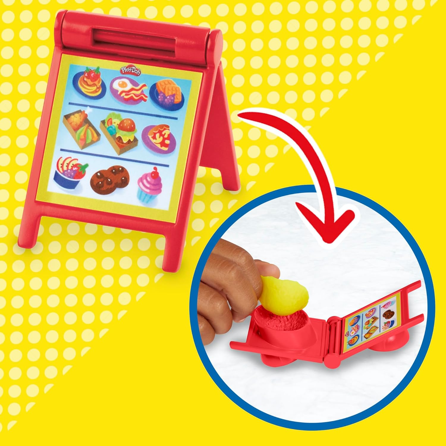 Czerwone menu Play-Doh z obrazkami jedzenia i dłonią wciskającą ciasto do formy.