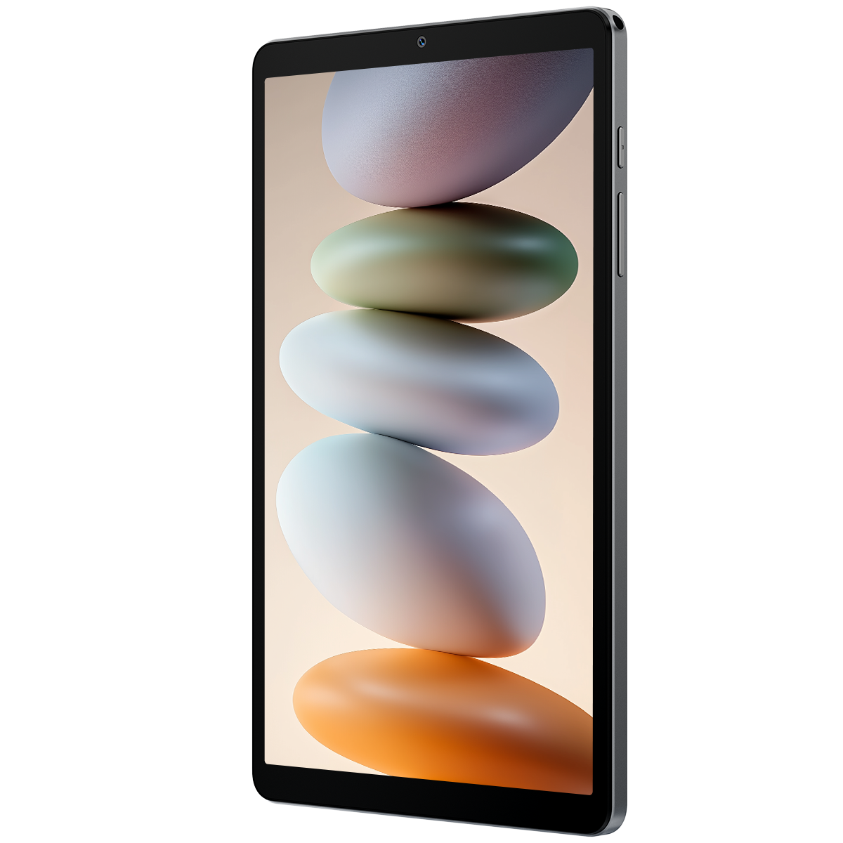 Een tablet met gestapelde, ronde vormen in pastelkleuren.