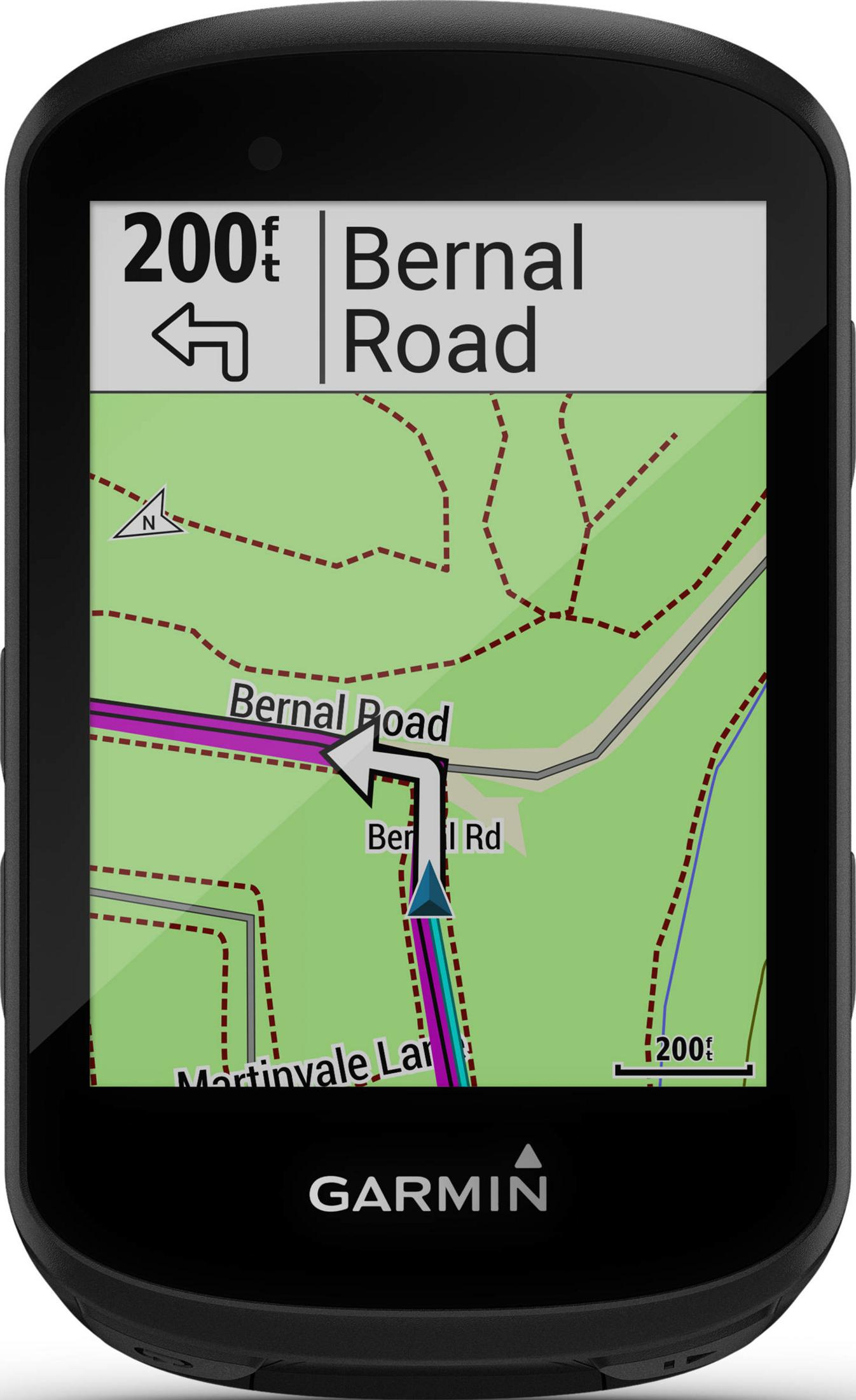 Dispositivo GPS Garmin muestra un mapa con Bernal Road y una flecha de giro.