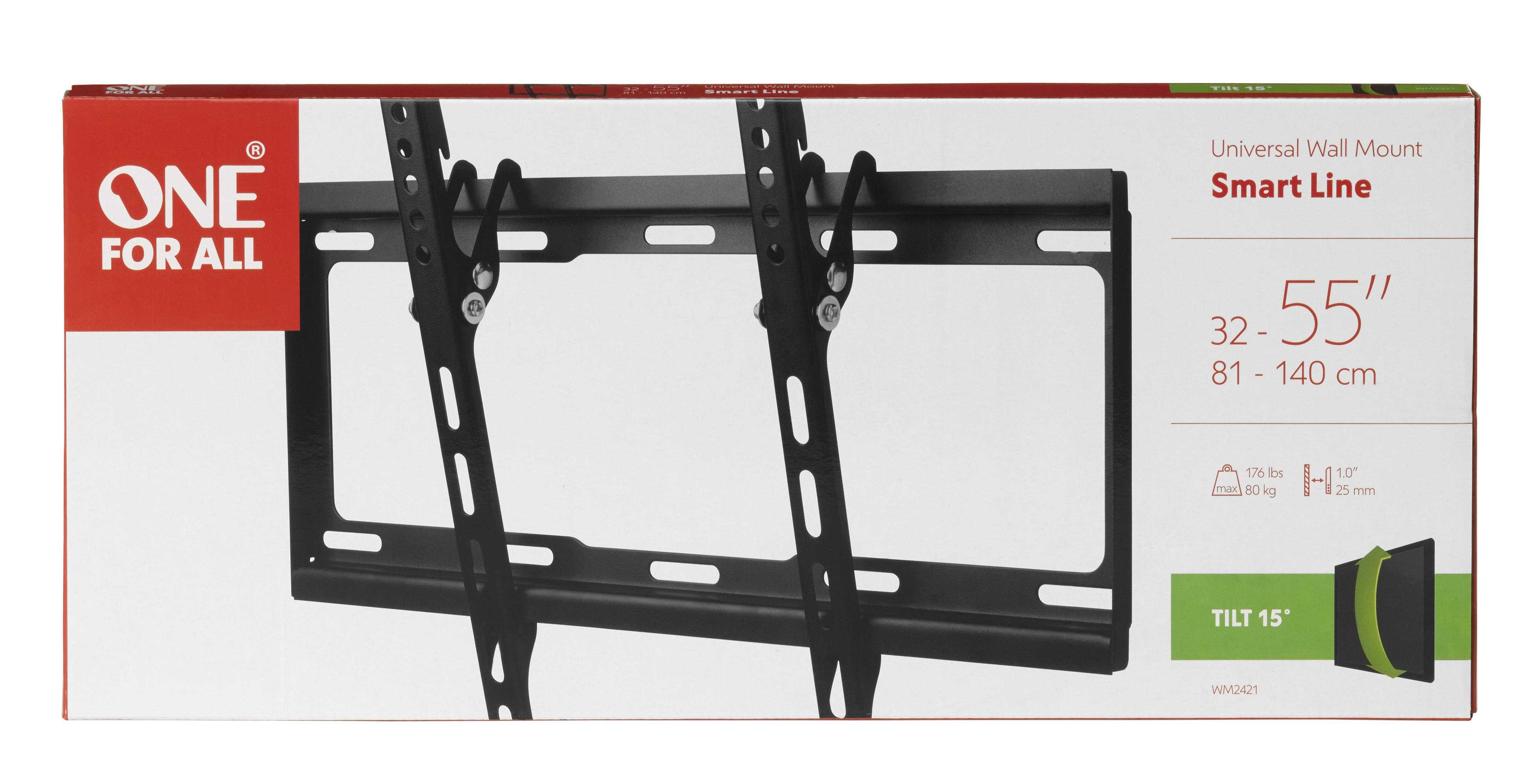 Zwarte tv-muurbeugel voor 32-55 inch tv's op witte verpakking.