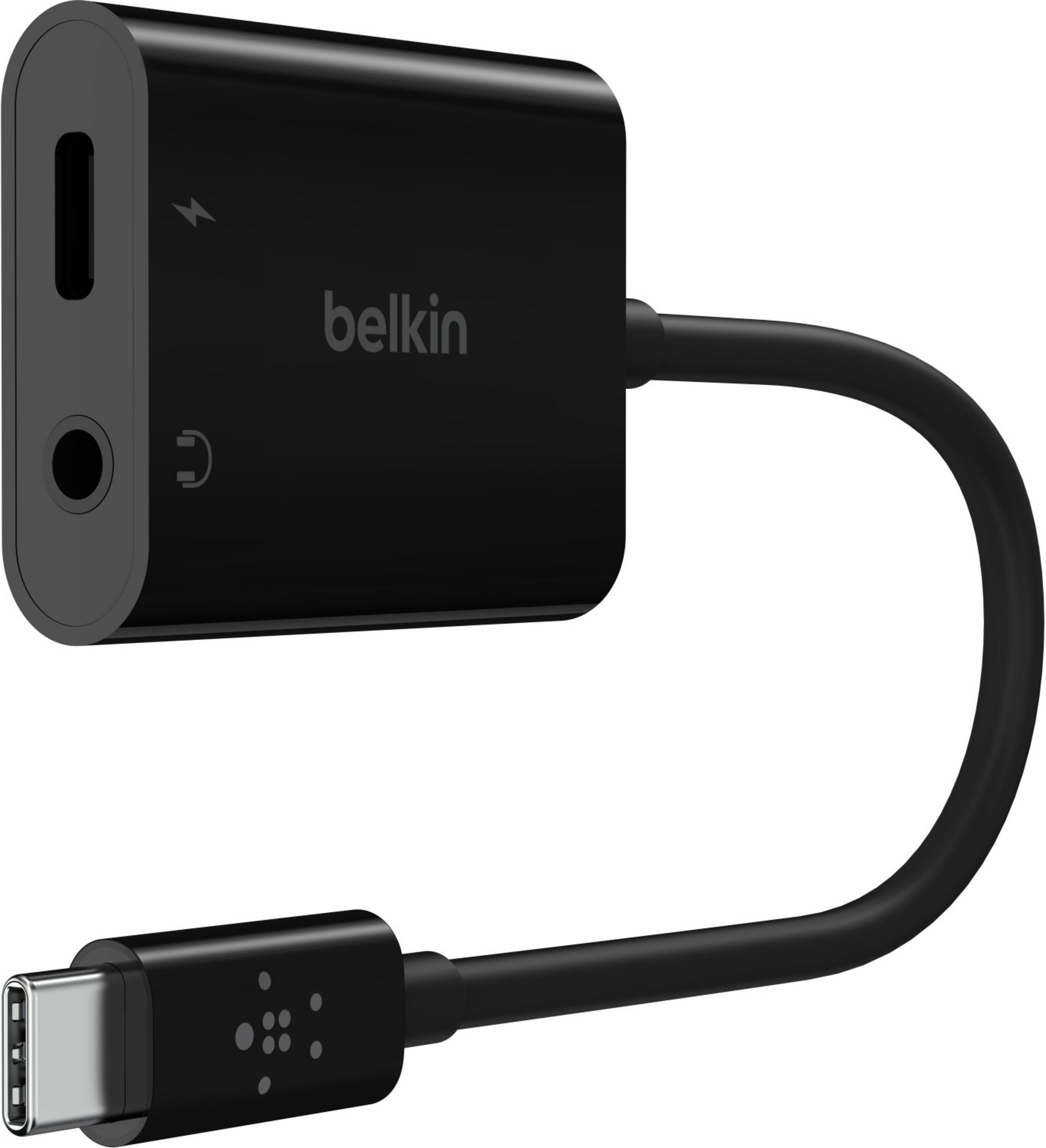 Adattatore Belkin nero con USB-C e jack per cuffie.