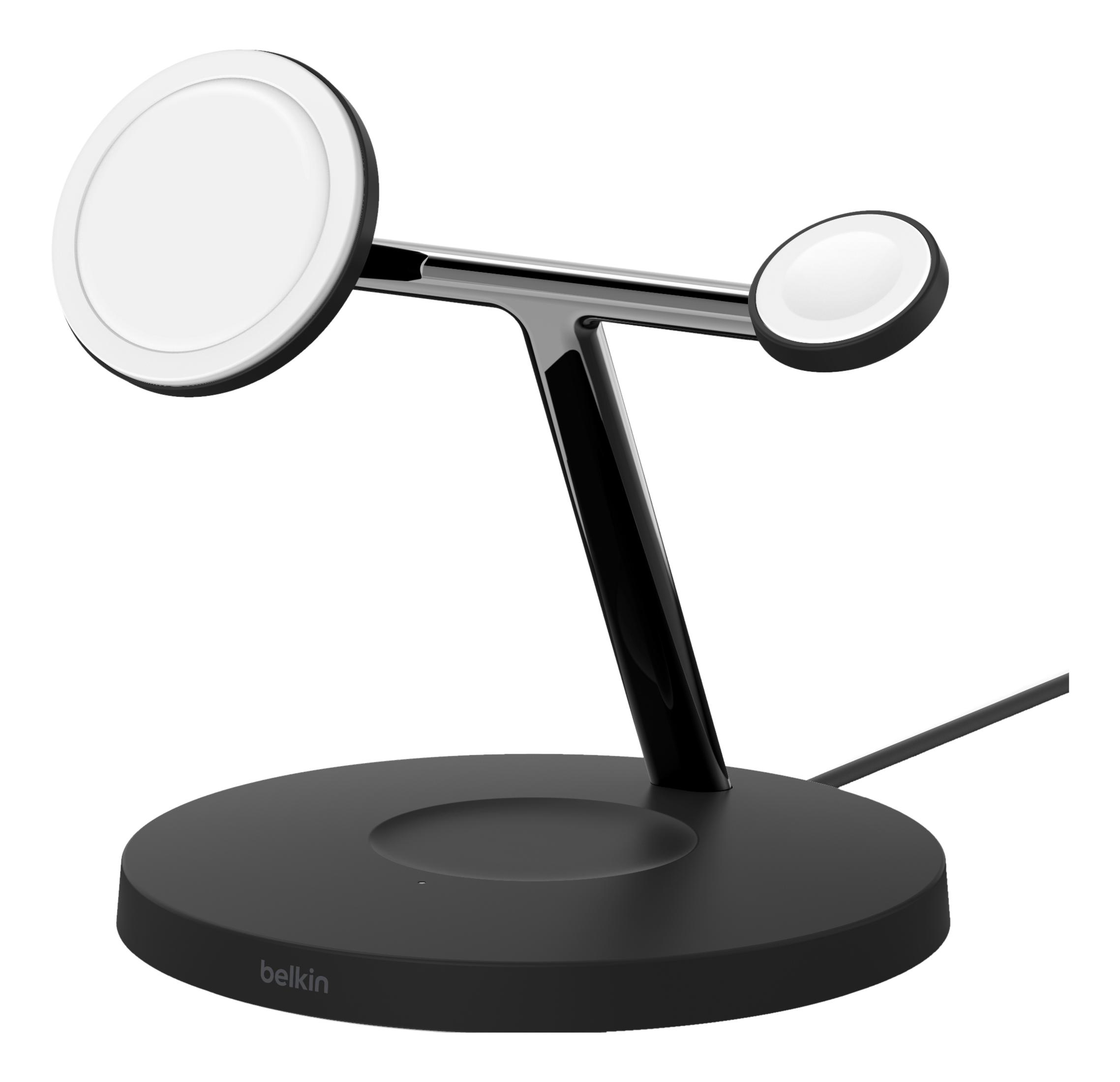 Schwarzes Ladegerät mit zwei Ladeflächen für ein Handy und eine Uhr.