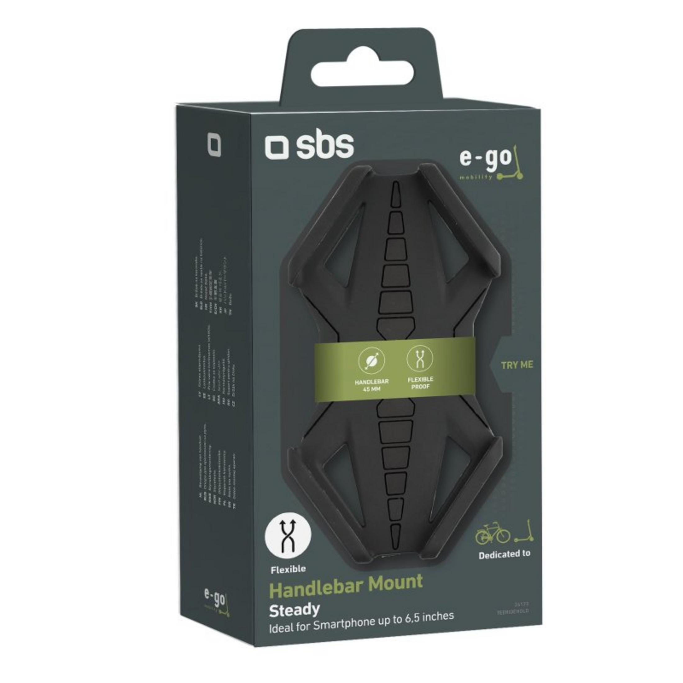 Confezione di un supporto manubrio nero per smartphone fino a 6,5 pollici.