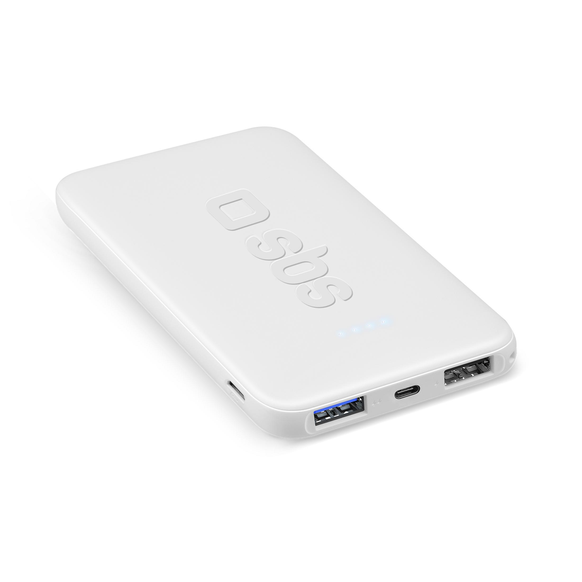 Un power bank SBS bianco con porte USB e spie luminose blu.