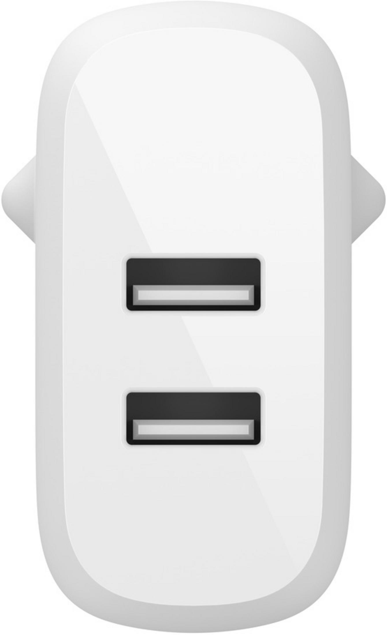 Un caricatore da muro USB bianco a doppia porta.