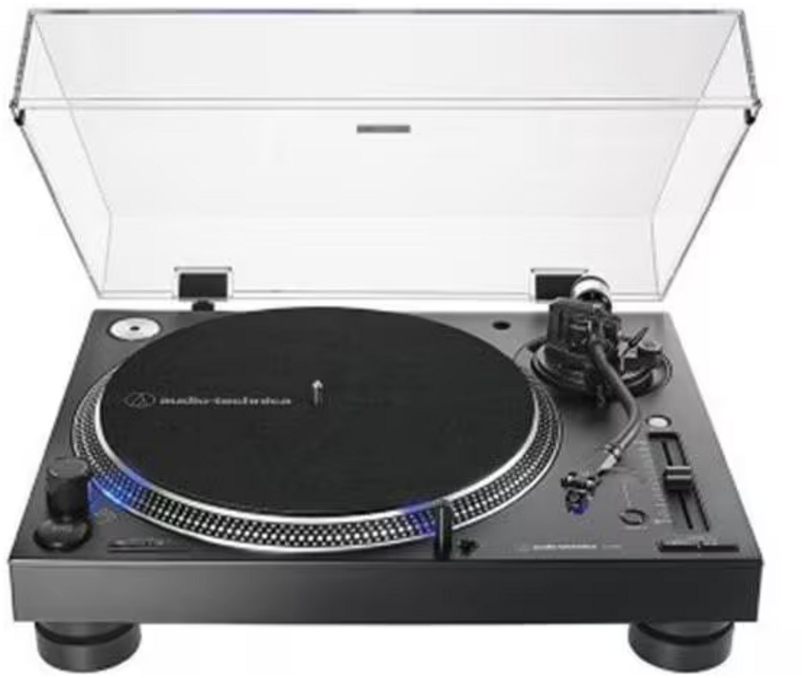 Czarny gramofon z przezroczystą pokrywą i niebieskim świecącym pierścieniem.