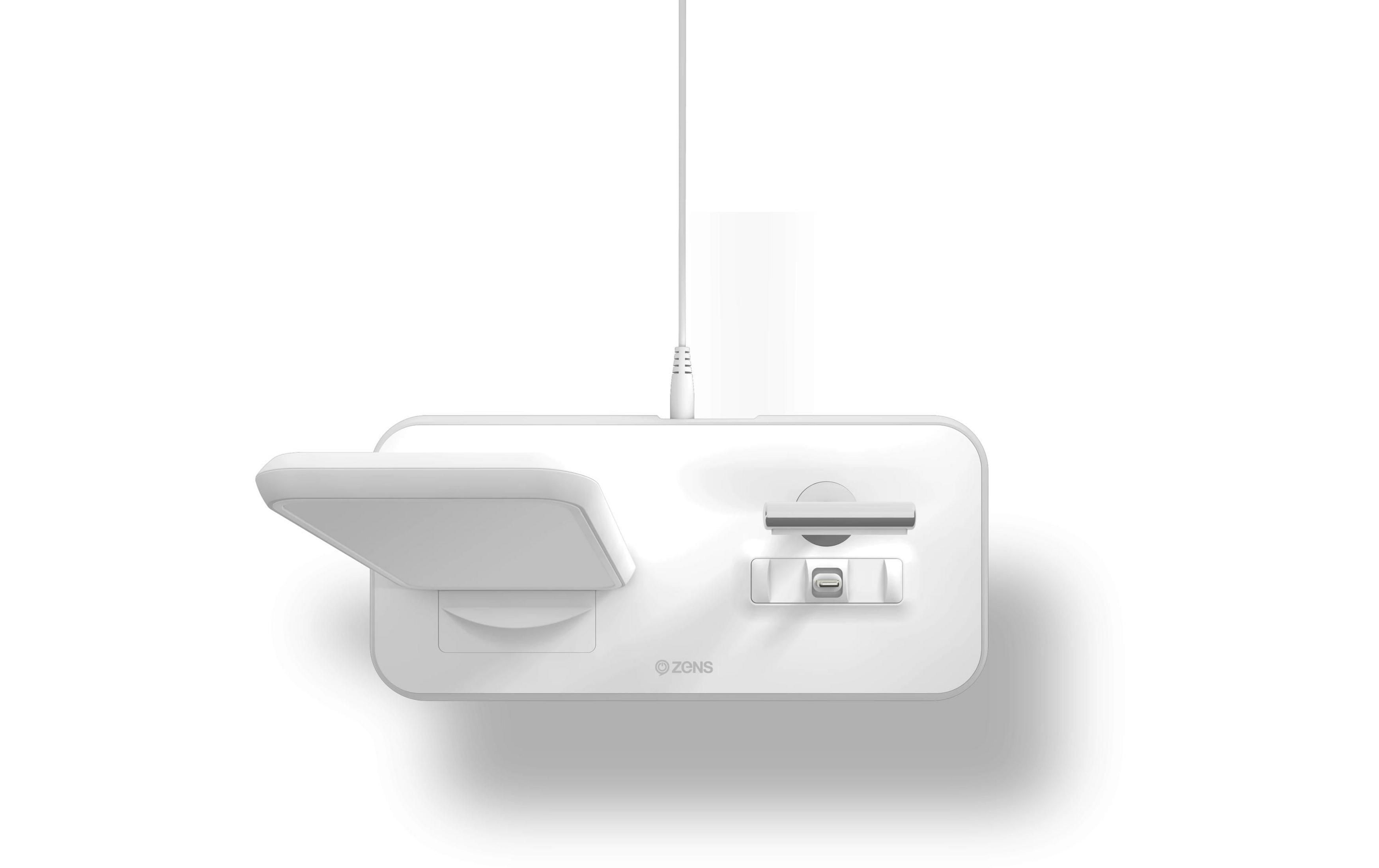 Ein weißes Ladegerät mit USB-C-Anschluss und ausklappbarer Halterung.