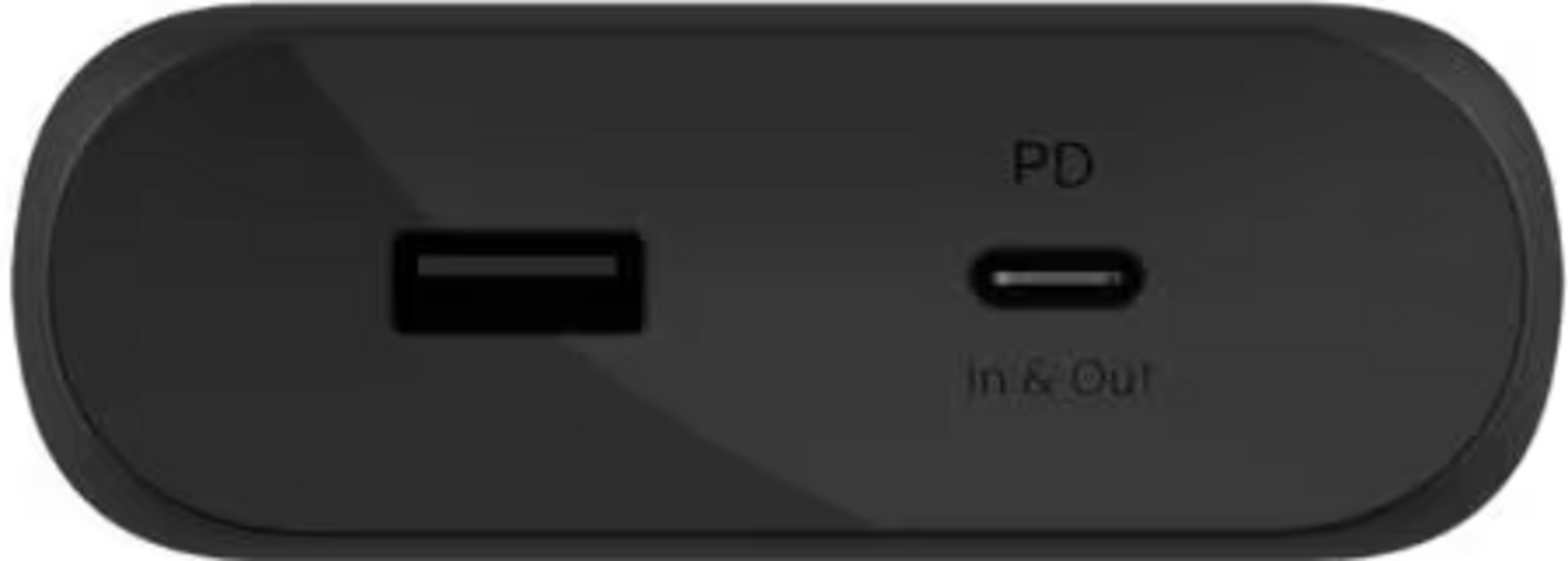 Scocca nera di power bank con porte USB-A e USB-C.