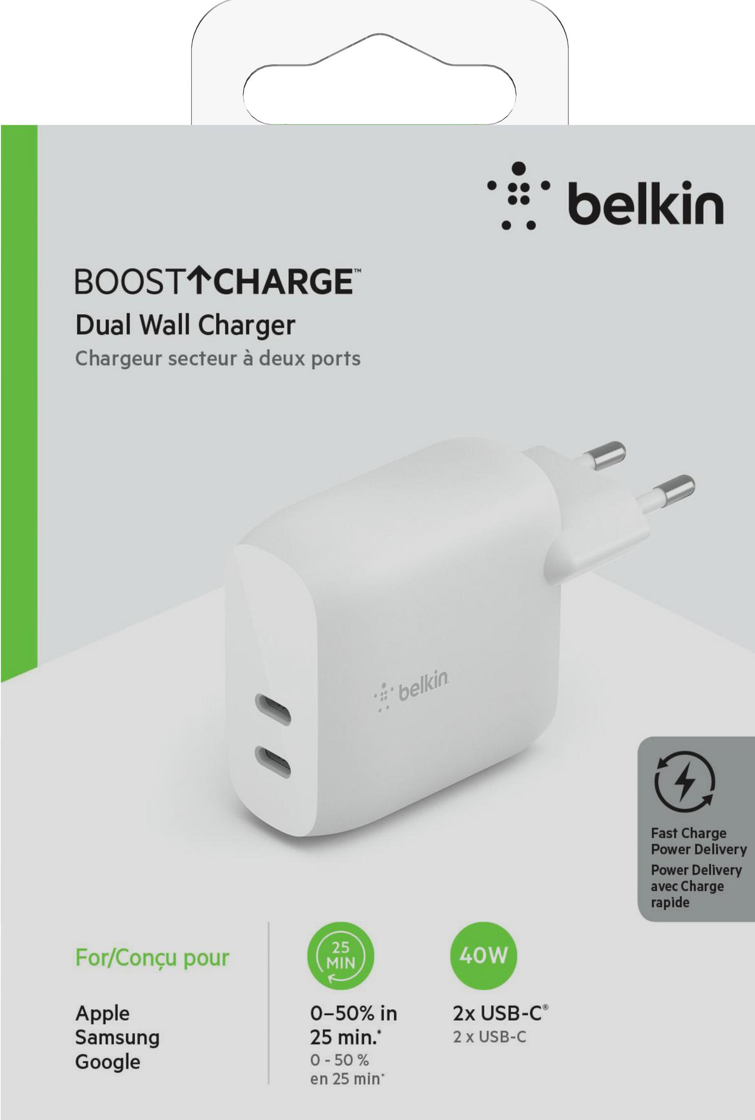 Beyaz Belkin Dual Wall Charger, 2 USB-C portlu, 40W g.