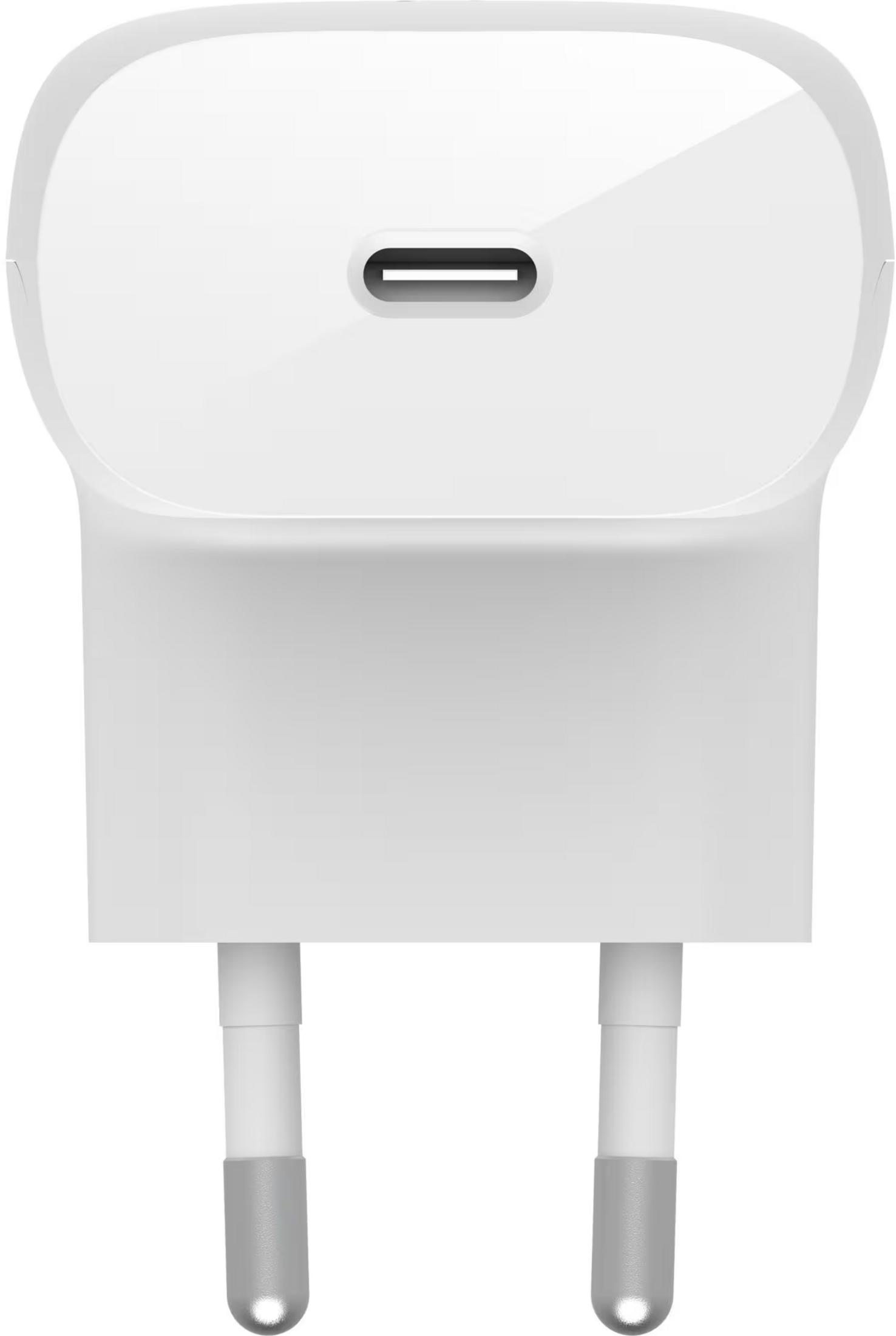 Ein weißer USB-C-Ladestecker mit zwei silbernen Stiften.