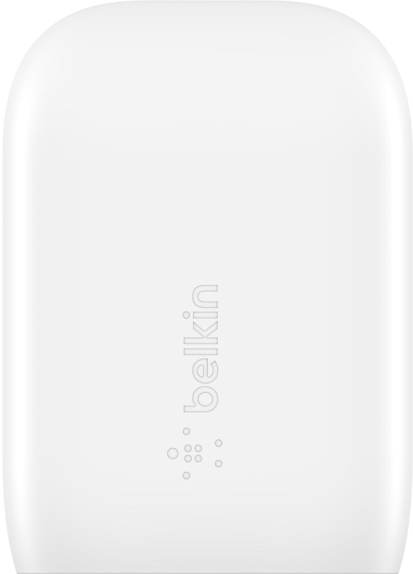 Ein weißes, rechteckiges Gerät mit abgerundeten Ecken, das Belkin-Logo.