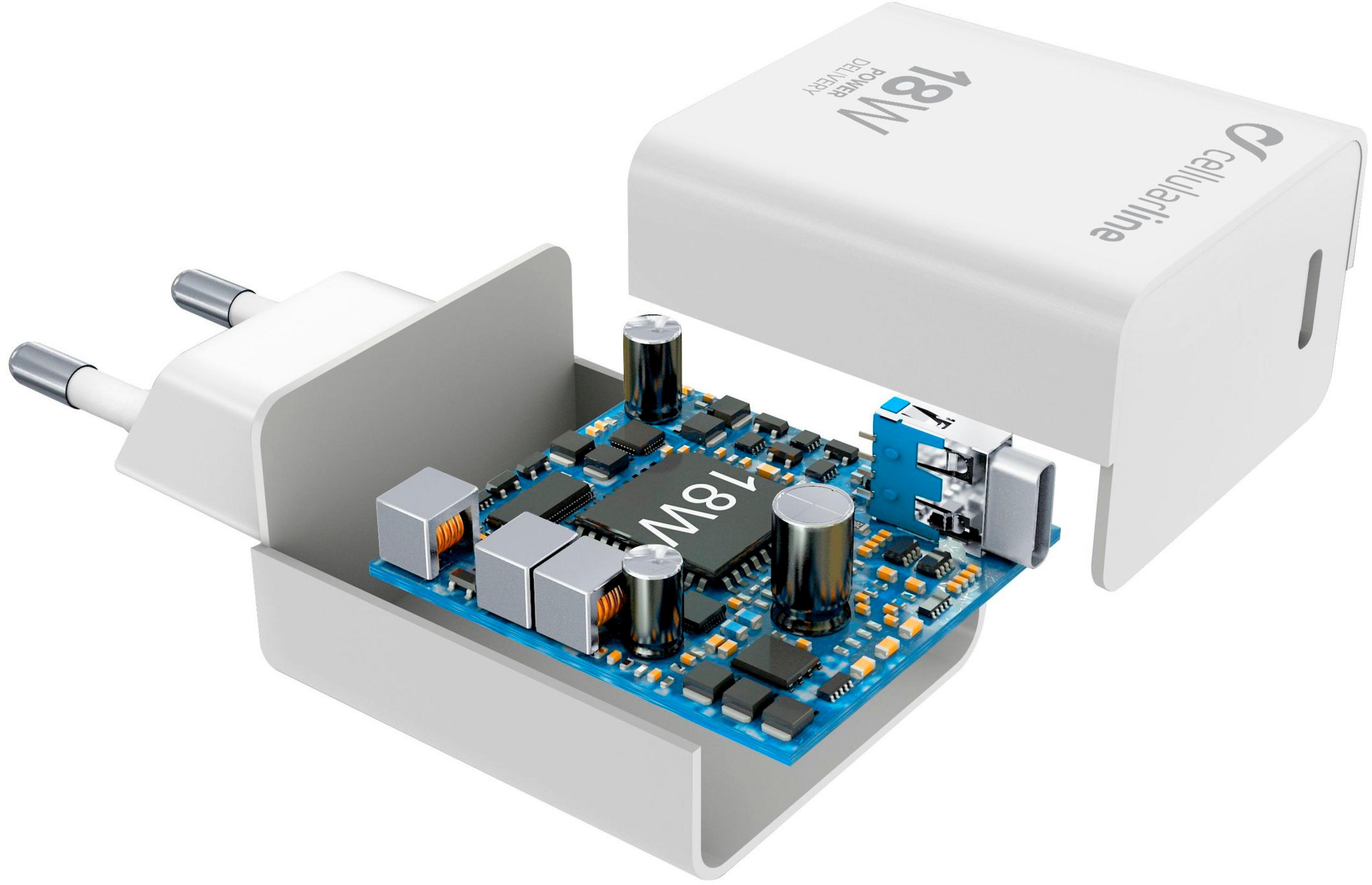 Un cargador USB-C blanco de 18W con placa de circuito y puertos expuestos.