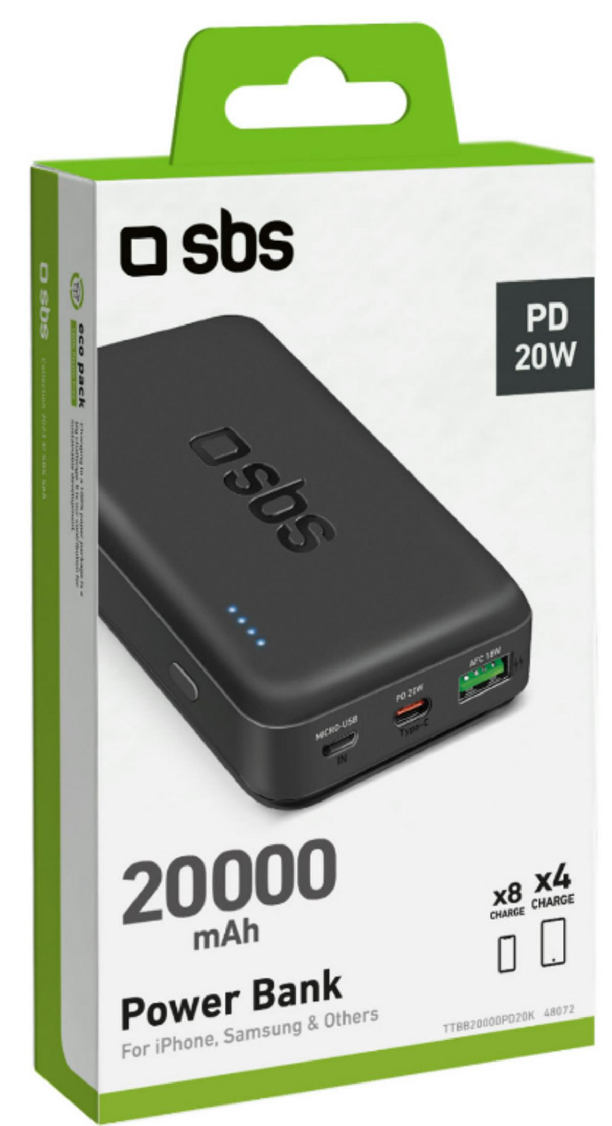 Power Bank SBS 20000 mAh z PD 20W. Czarna obudowa z portami USB-C, Micro-USB.