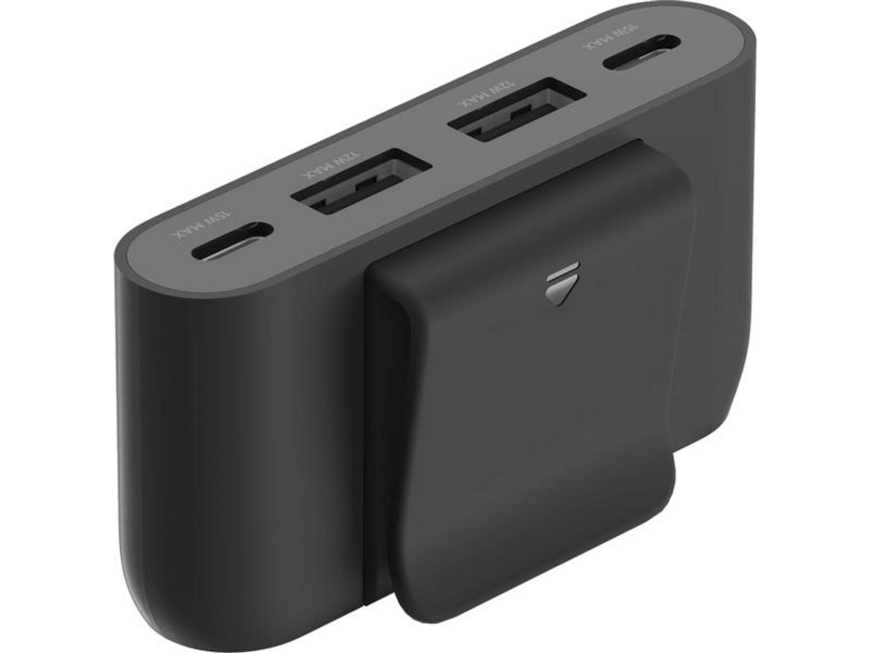 Power bank nero con clip, due porte USB-A e una porta USB-C.