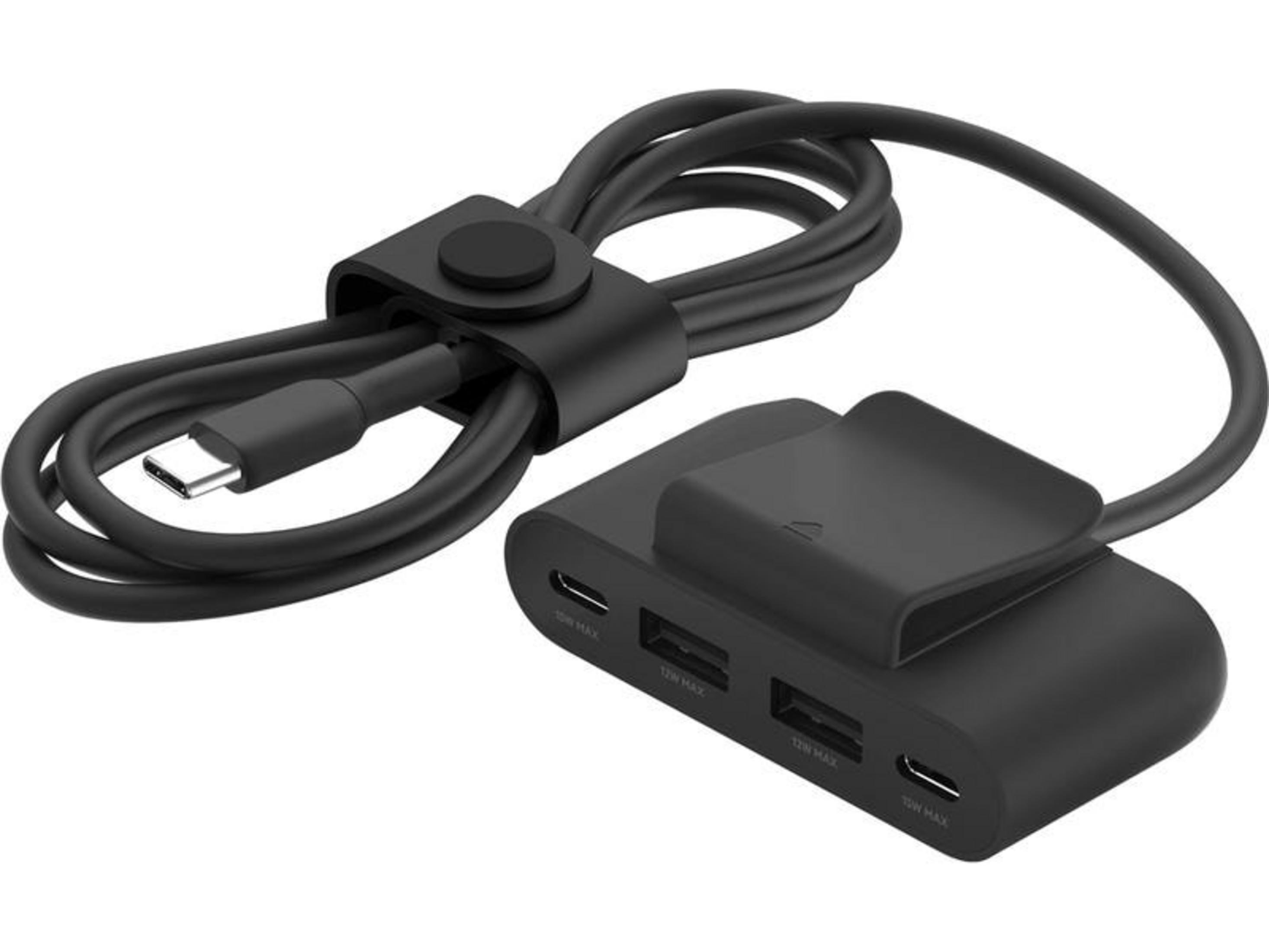 Un caricabatterie USB-C nero con cavo e più porte.
