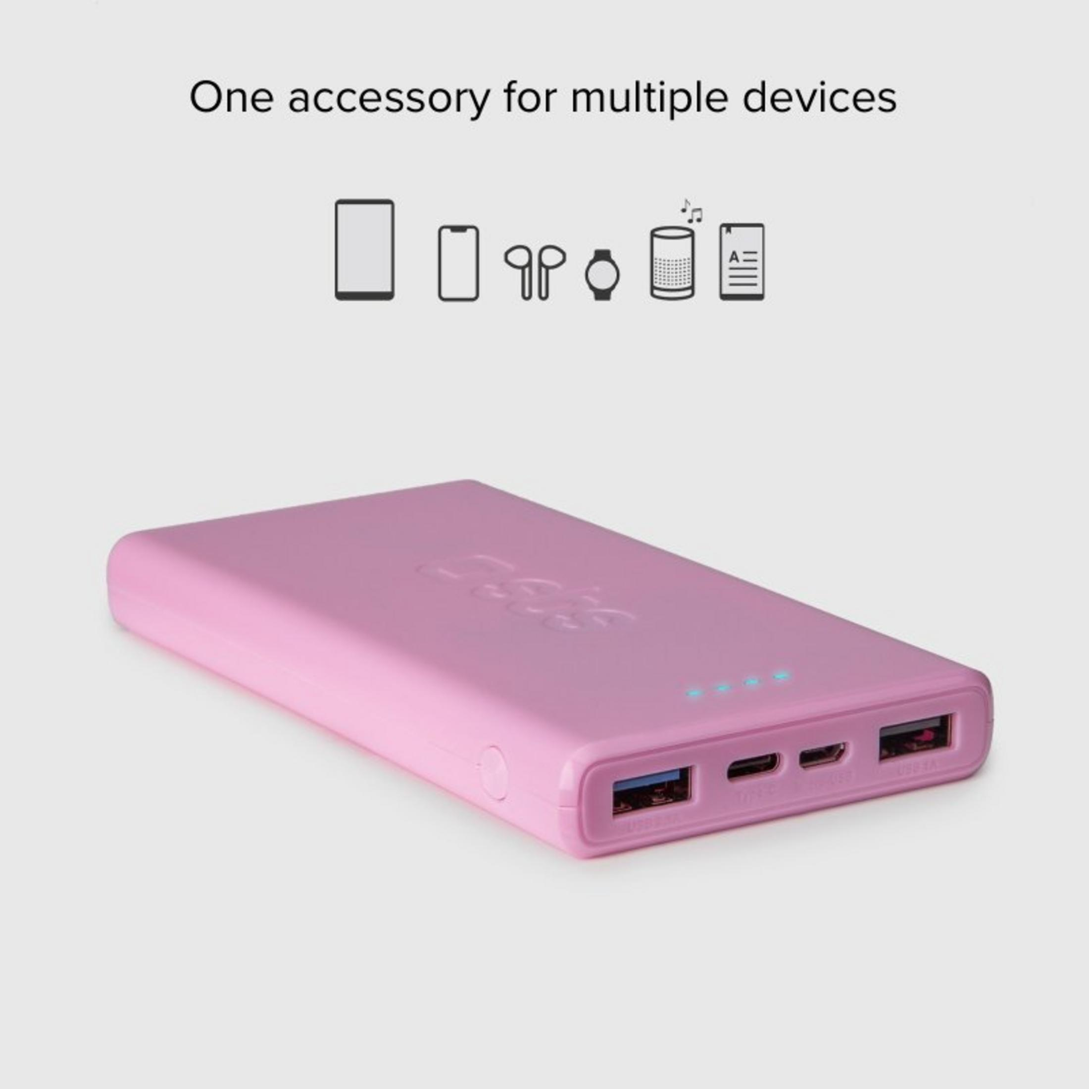 Un power bank rosa con porte USB e indicatori di carica.