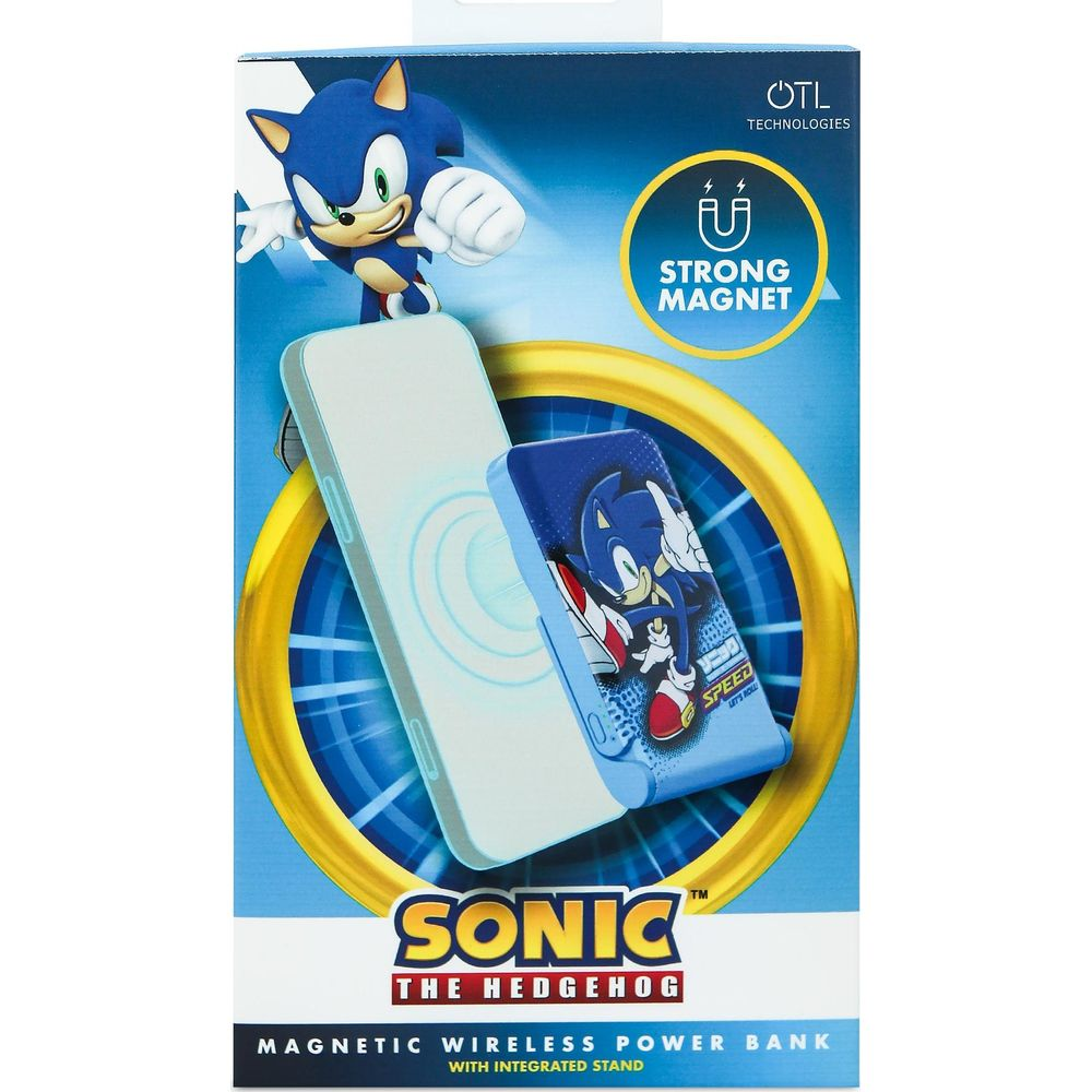Power bank magnetica wireless Sonic the Hedgehog con supporto.