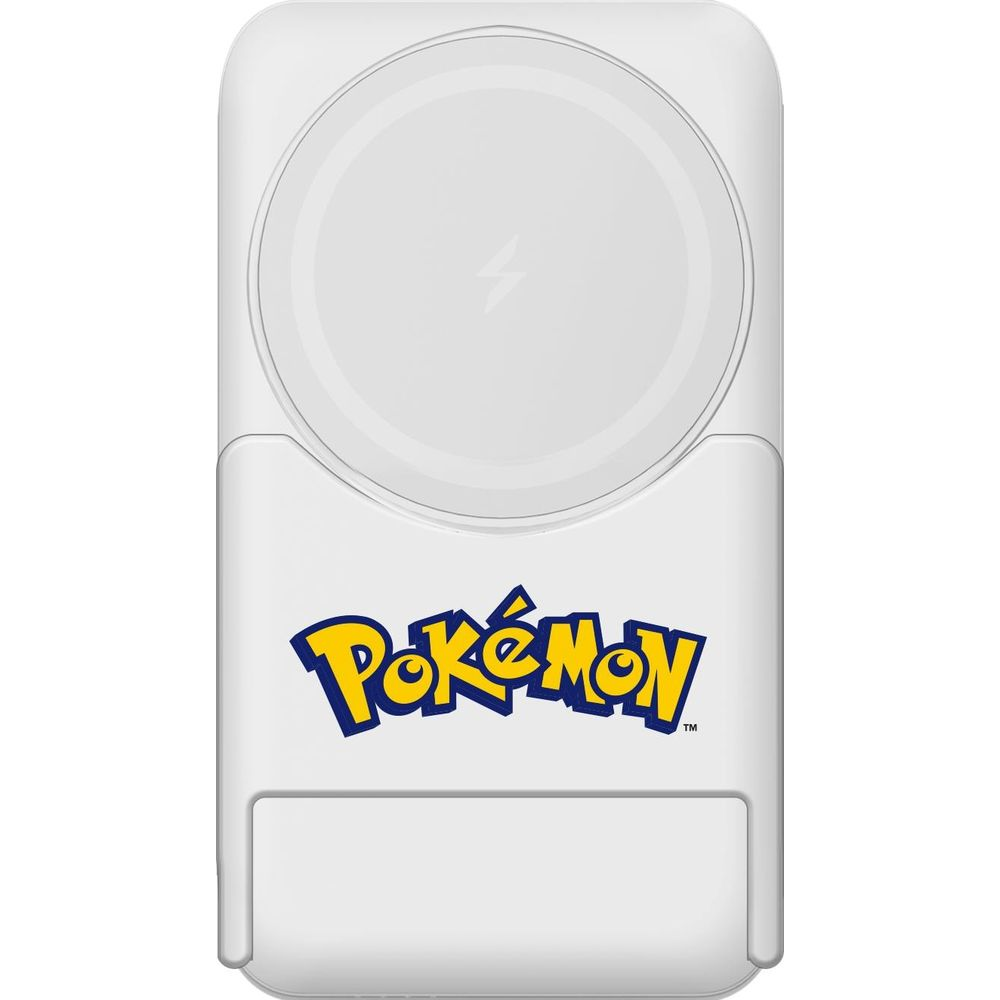 Un chargeur blanc avec le logo Pokémon et un symbole d'éclair.