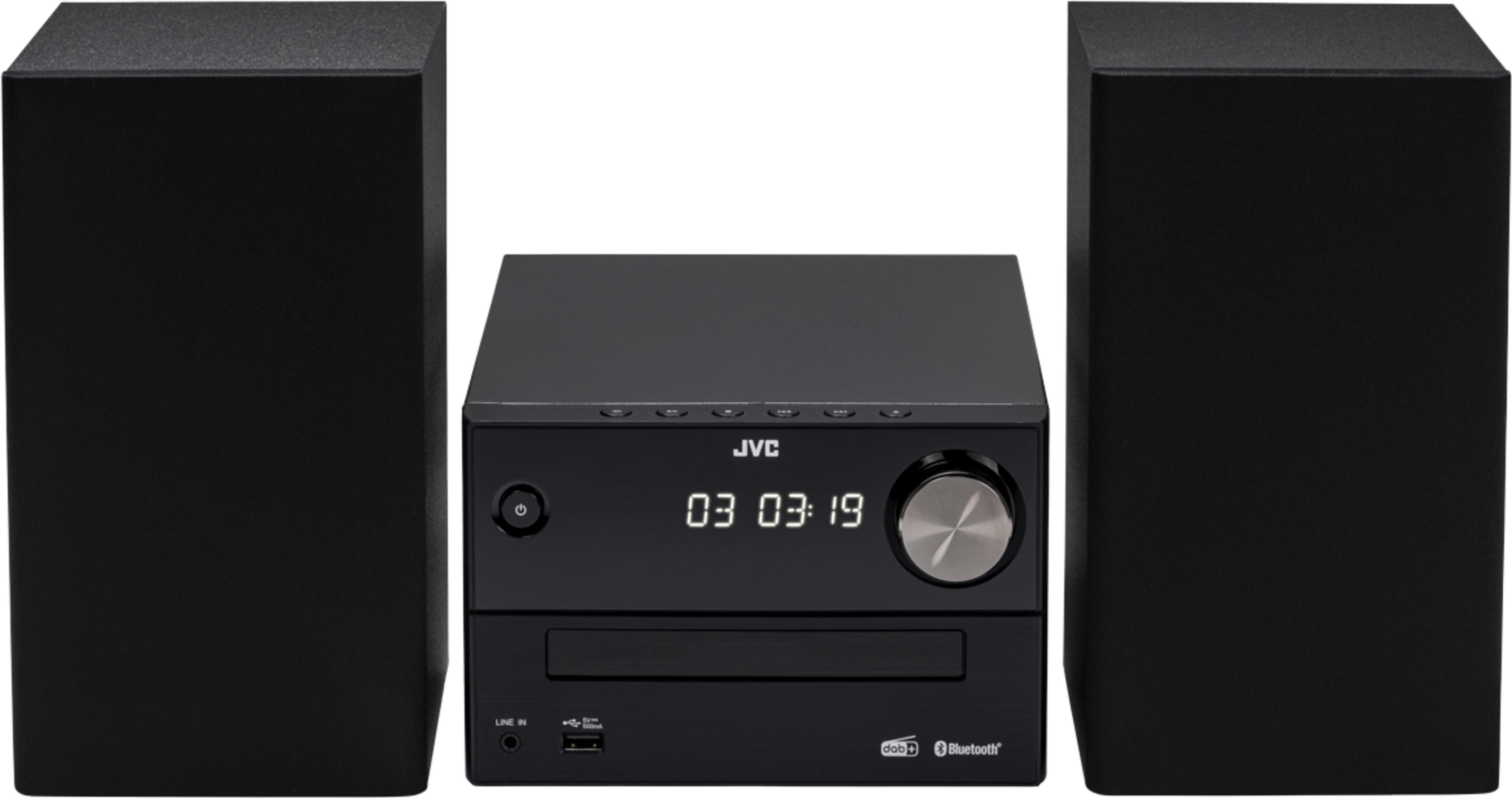 Ein schwarzes JVC-Stereosystem mit CD-Player, Lautsprechern und silbernem Drehregler.