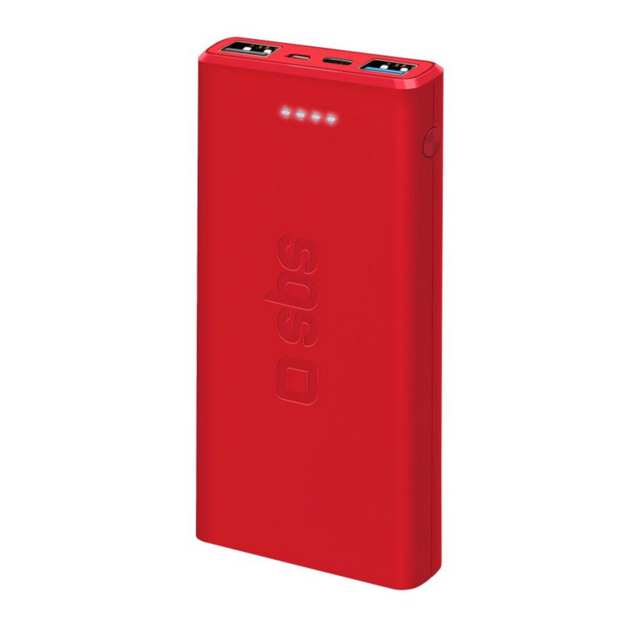 Un power bank SBS rosso con quattro spie di carica e porte USB.