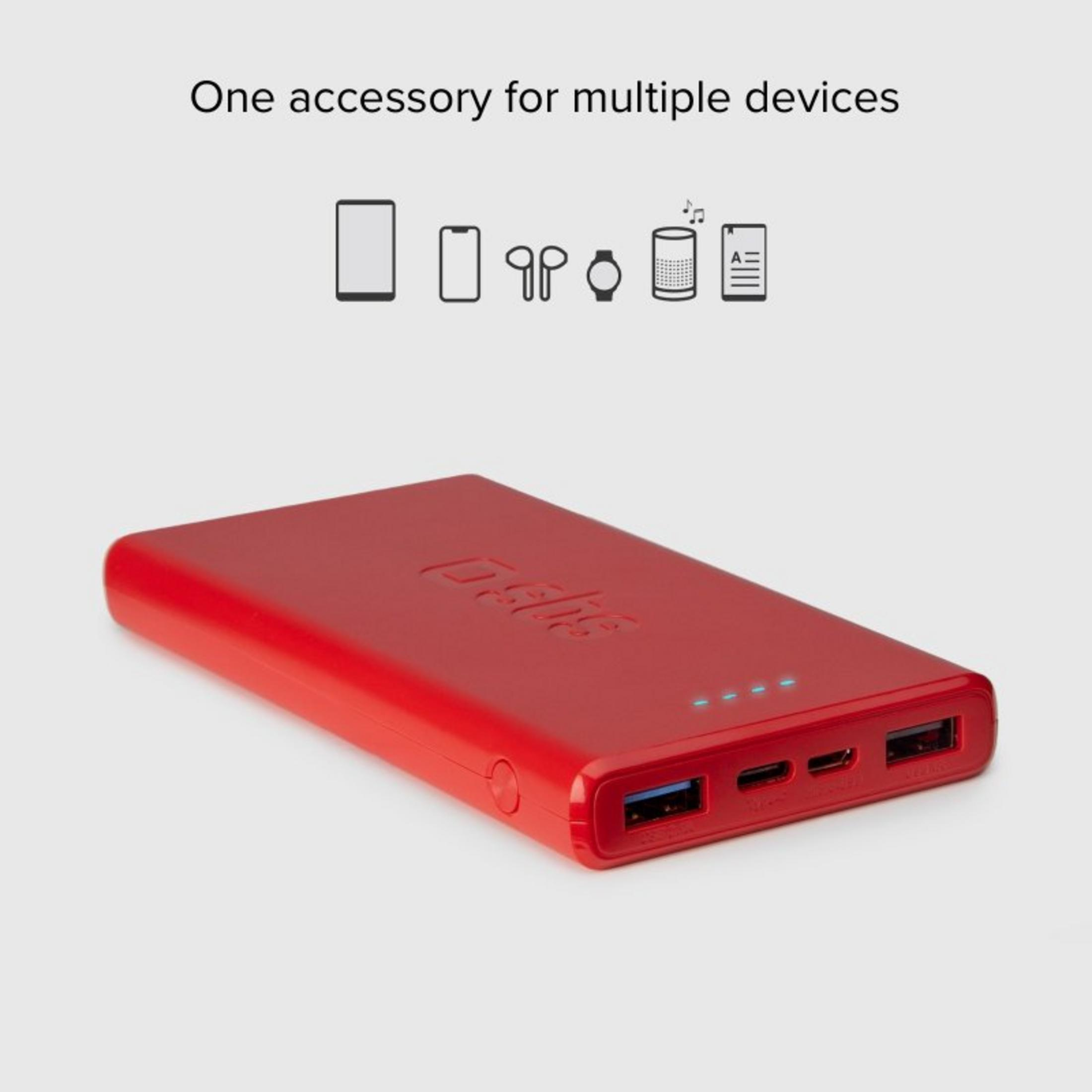 Un power bank rosso con porte USB e quattro indicatori LED blu.