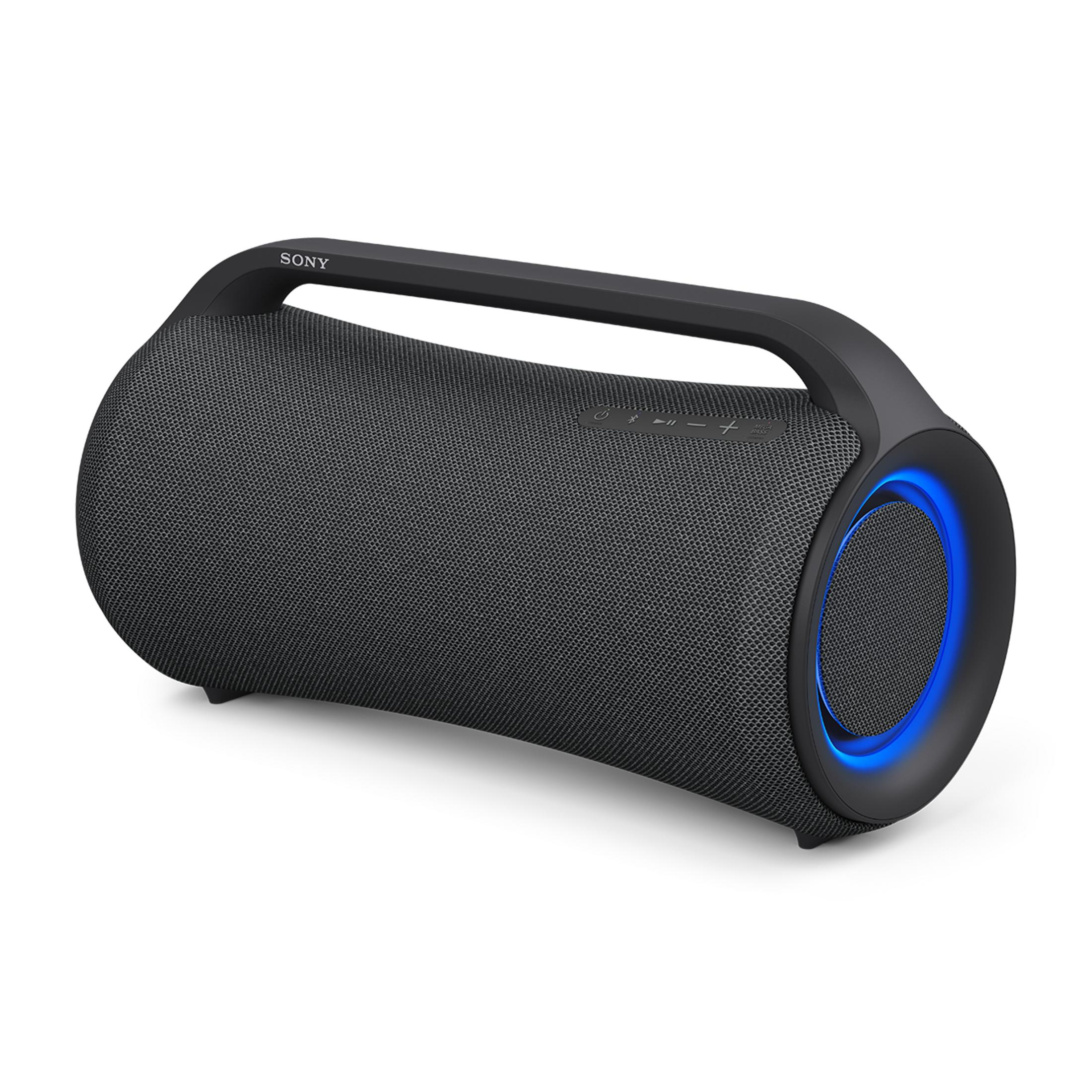 Schwarzer Sony Lautsprecher mit Griff und blauer LED-Beleuchtung am Ring.