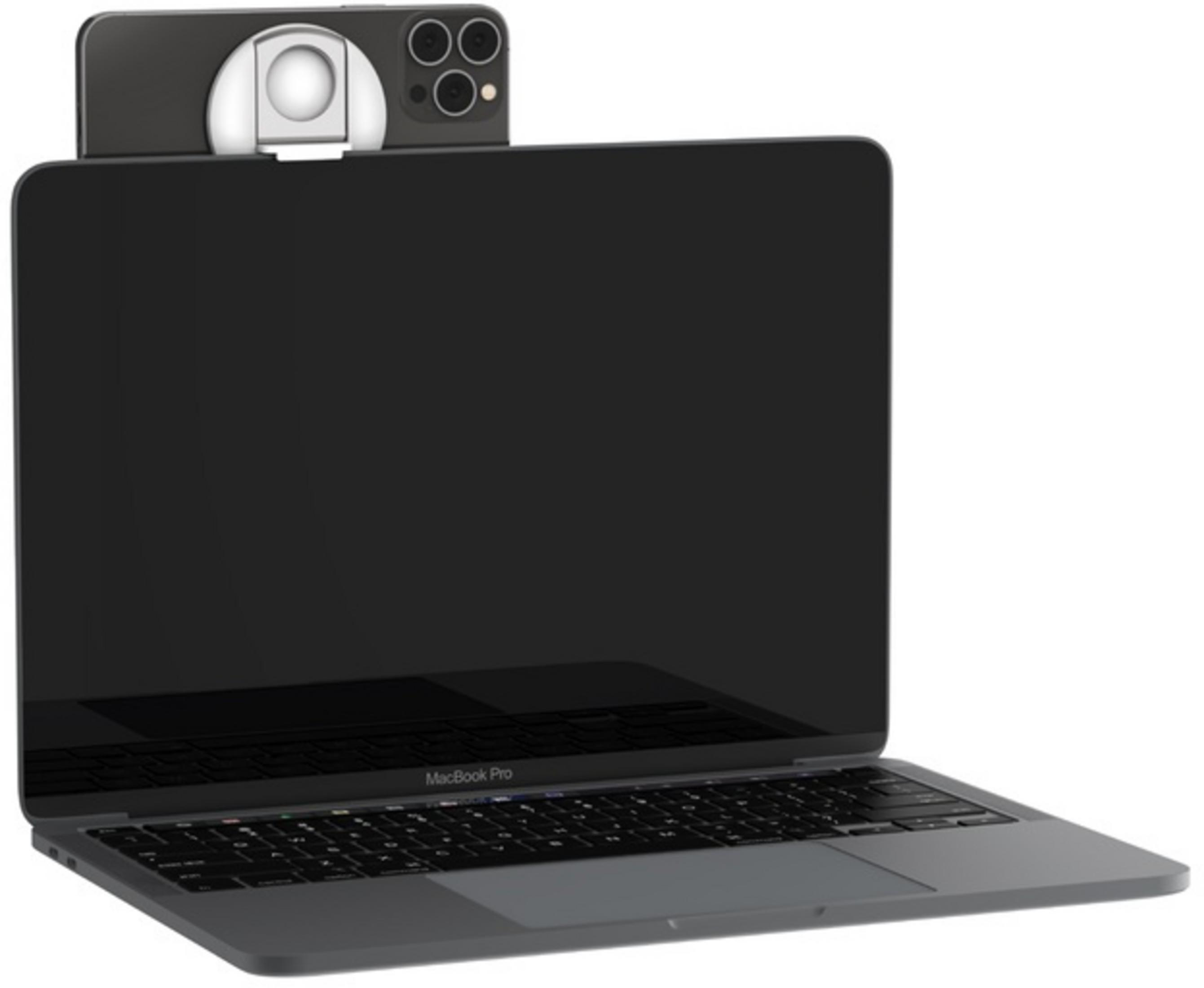 Een MacBook Pro met een iPhone aan de bovenzijde bevestigd.