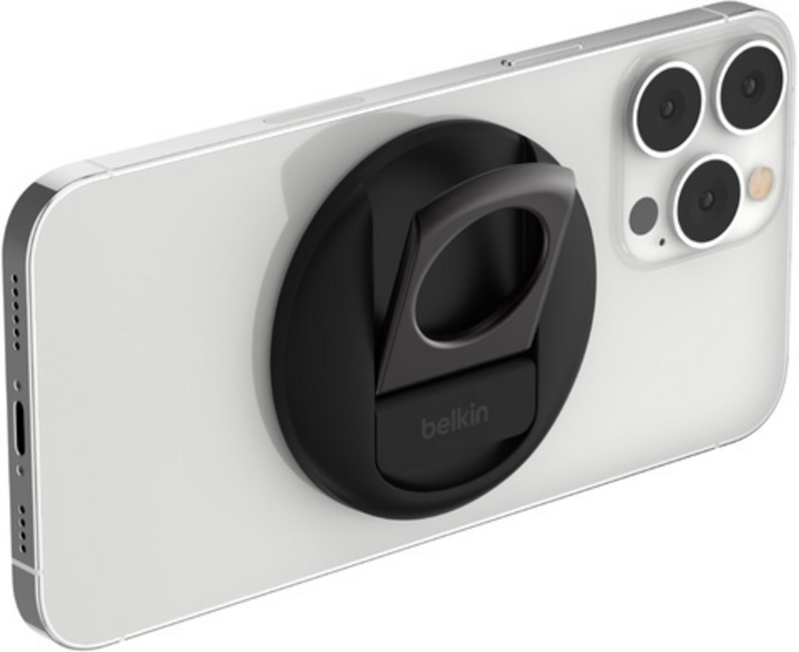 Un iPhone bianco con un supporto ad anello nero sul retro.