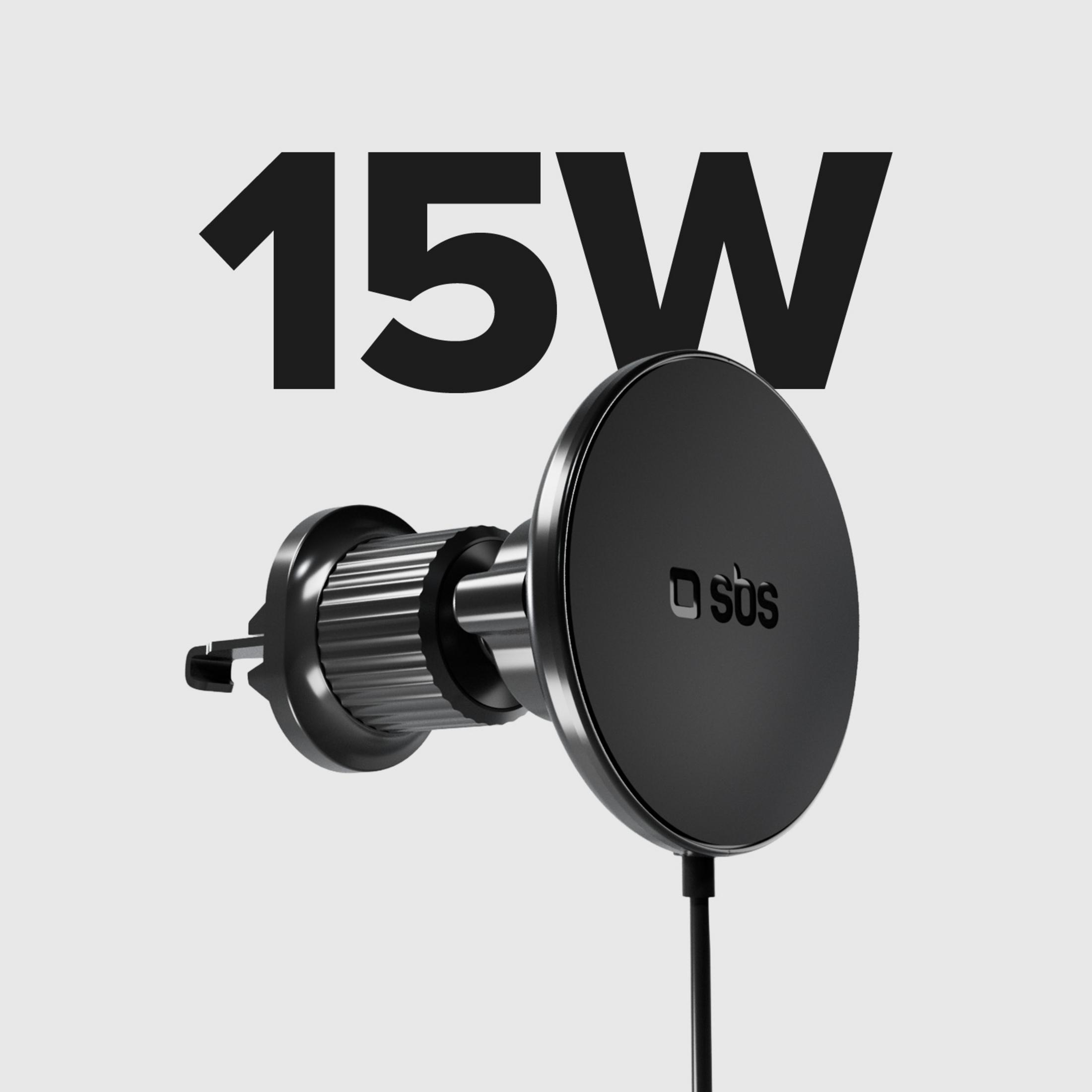 Supporto auto nero per telefono con scritta 15W su sfondo grigio.